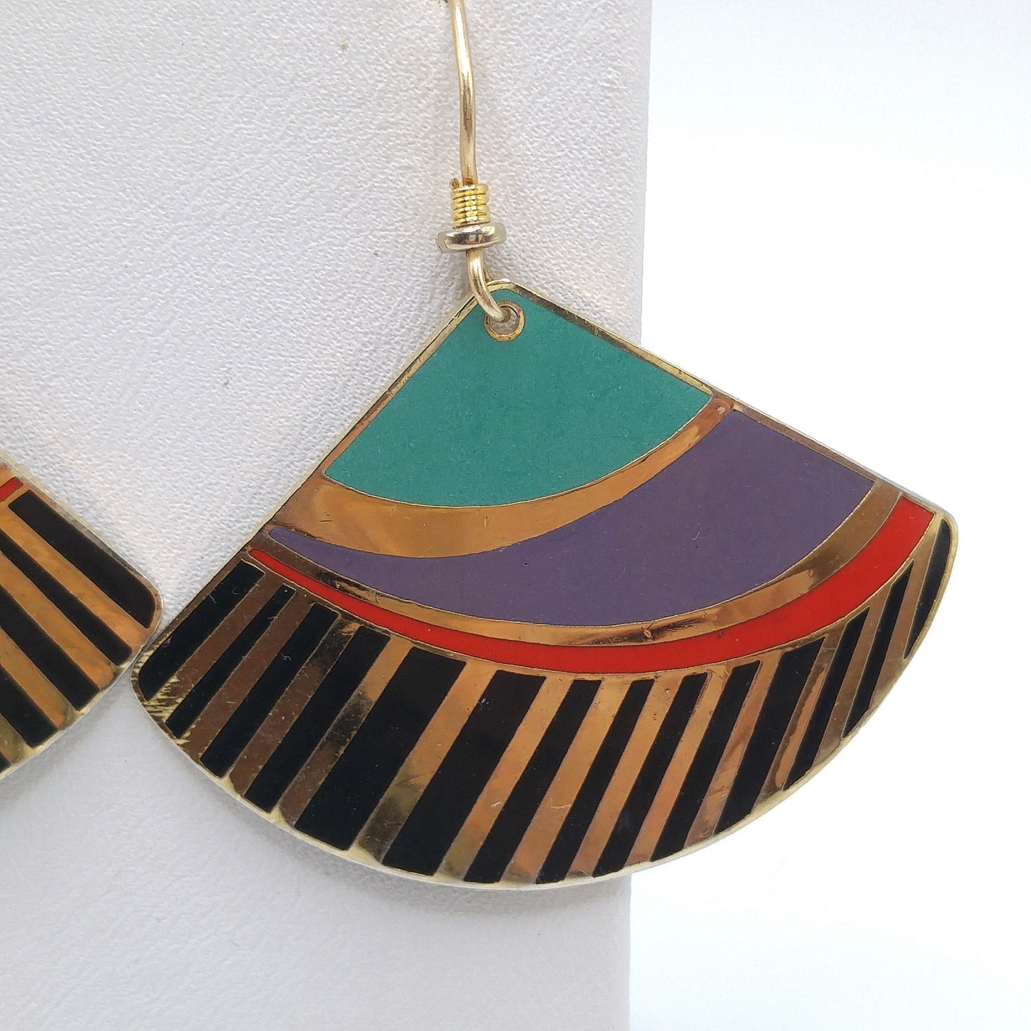 Vintage Laurel Burch Madrid Fan Earrings, Gold Plated, Teal Purple Black Enamel