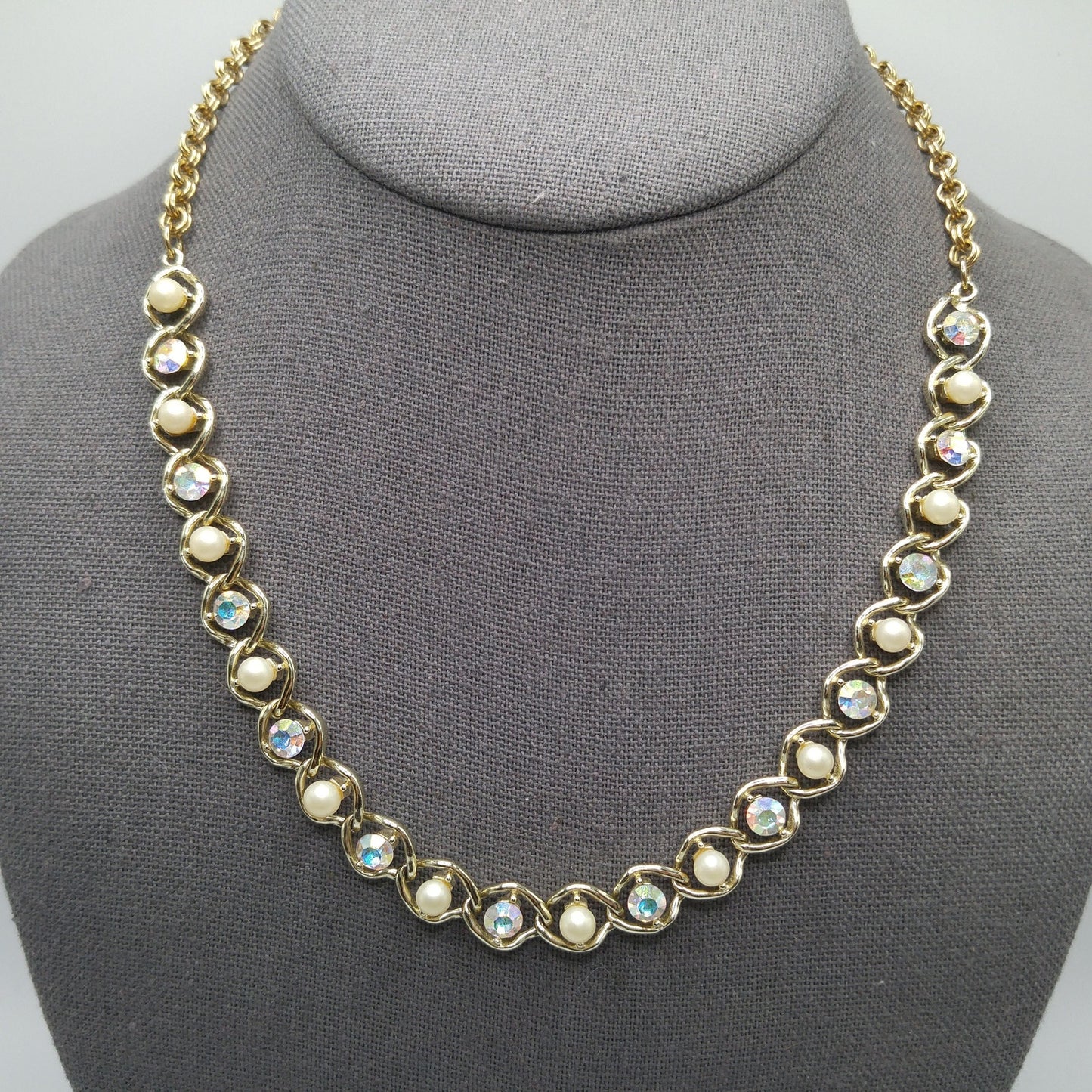 Mid-Century Faux Pearl AB Rhinestone Necklace, Aurora Borealis, 1960s Vintage Jewelry