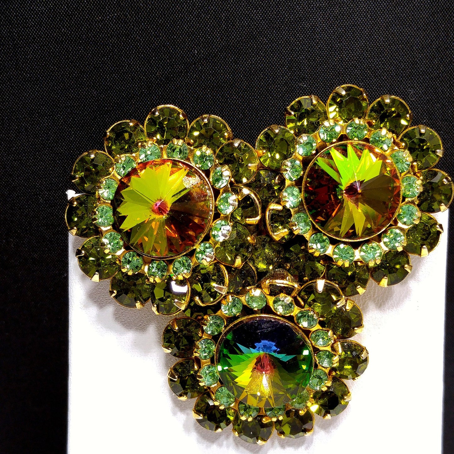 Green Watermelon Rivoli Rhinestone Brooch, Uranium Glass Rhinestones, 1960s Vintage Jewelry