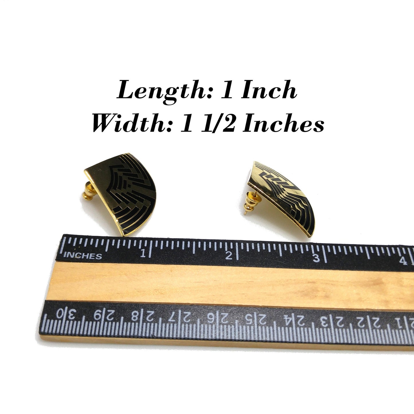 Vintage Laurel Burch Large Fan Post Earrings, Black Enamel, Gold Plated