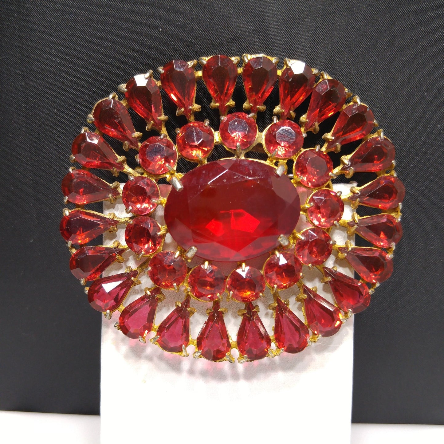 Large Red Rhinestone Sash Pin Brooch, Faceted Red Glass Stone Center, 1940s Vintage Jewelry