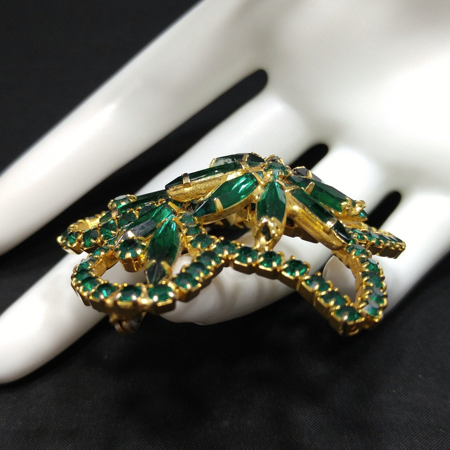 Green Rhinestone Floral Brooch, Gold Plated, 1960s Vintage Jewelry