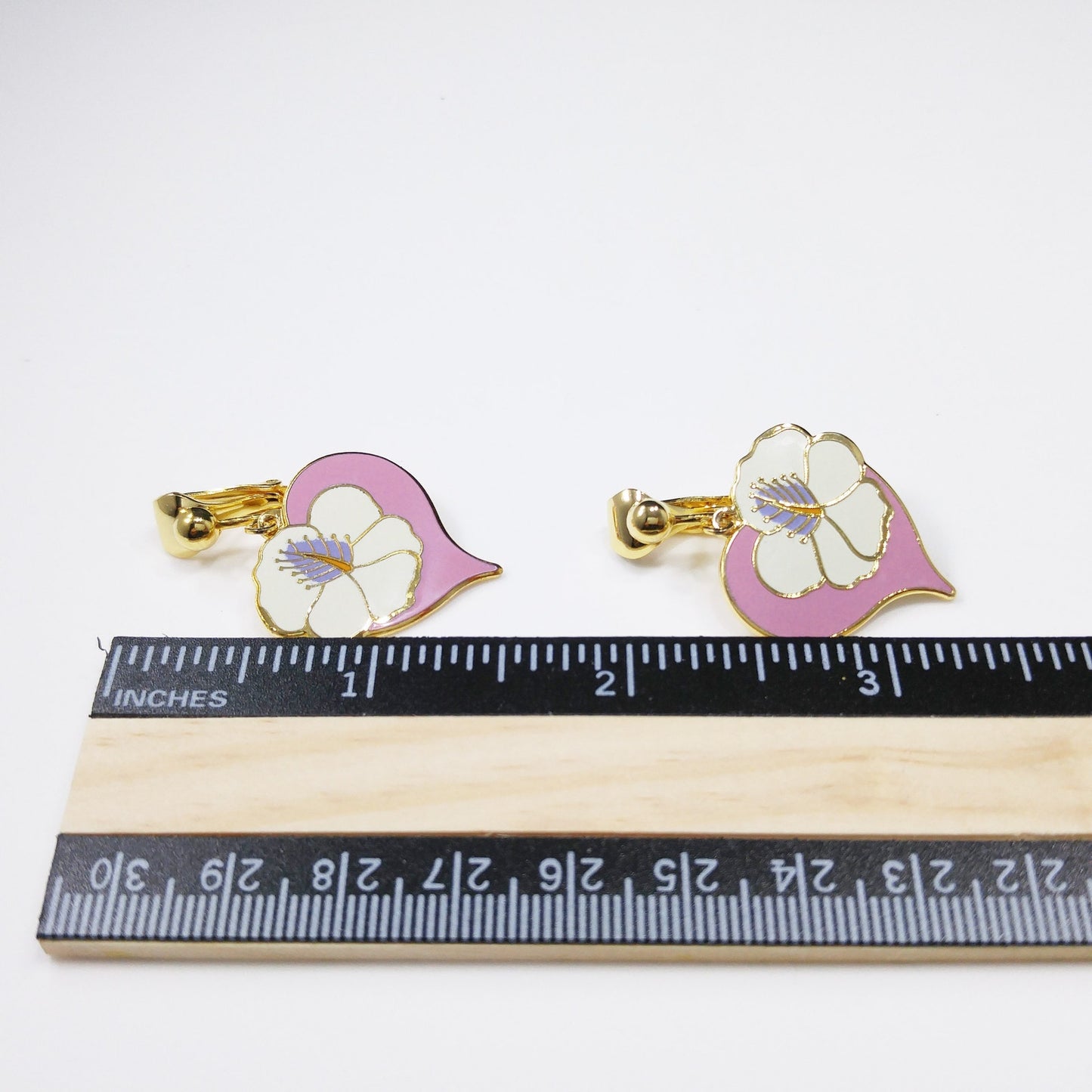 Vintage Laurel Burch "Hibiscus Heart" Clip Earrings, Cloisonne Gold Plated, 1980