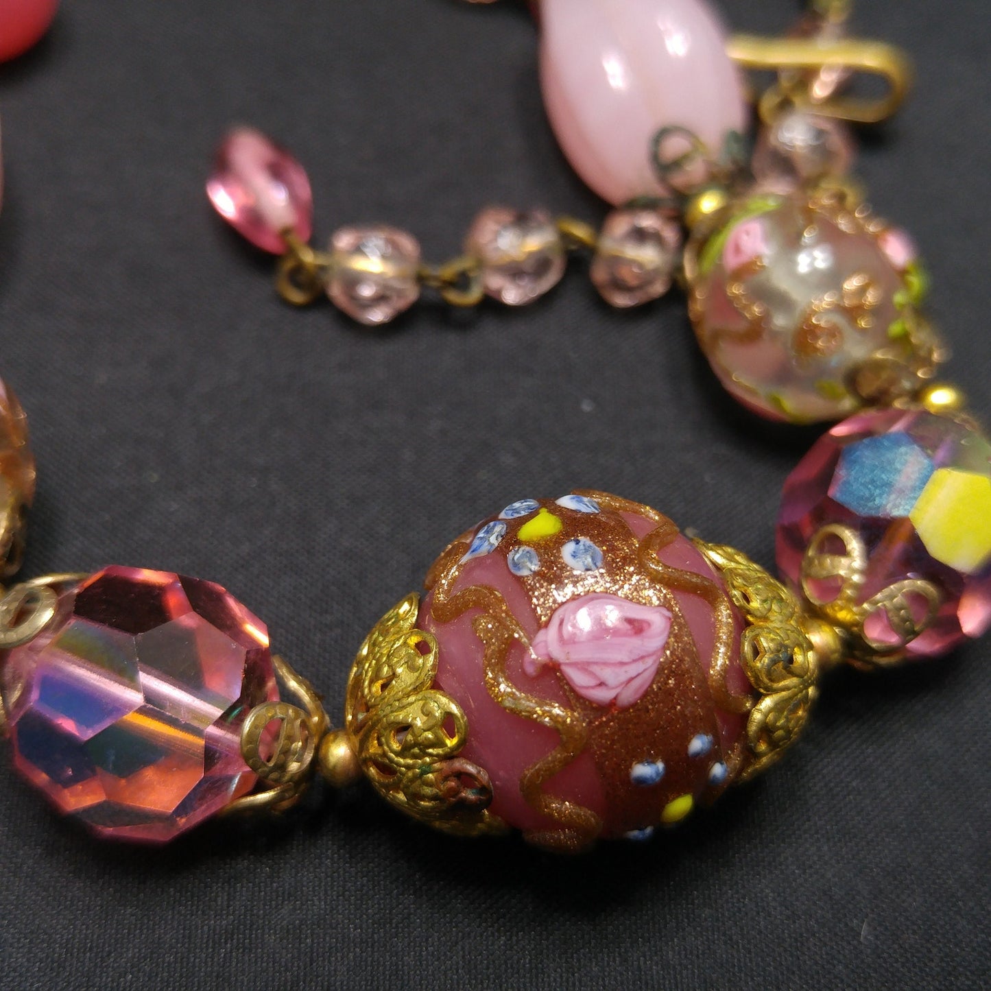 Wedding Cake Pink Choker Necklace, Crystal & Molded Beads, 1940s Vintage Jewelry