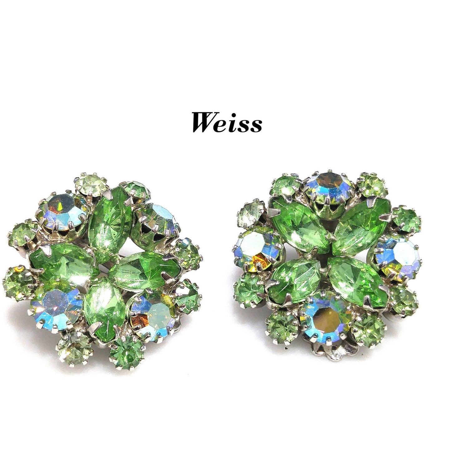 Weiss Peridot Green Rhinestone Clip Earrings, Rhodium Plated, 1960s Vintage Jewelry