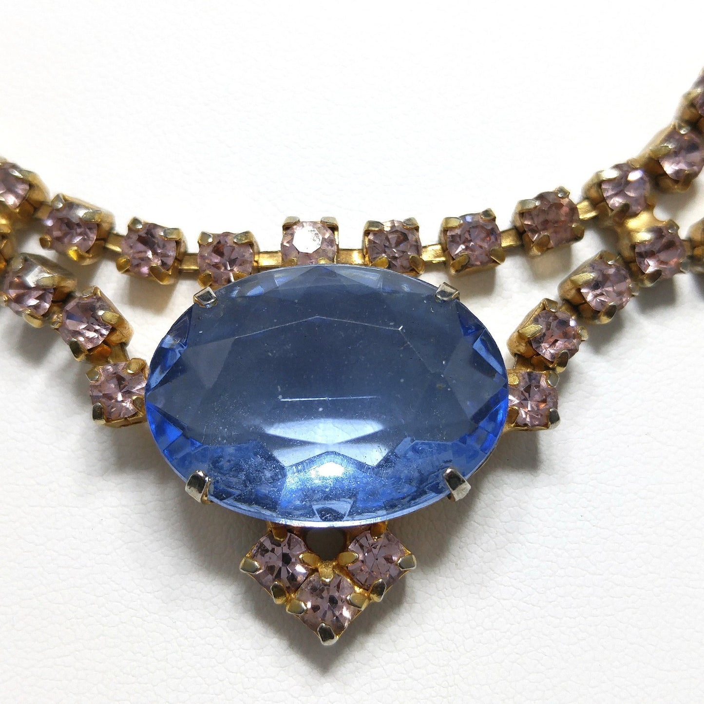 Large Blue & Pink Rhinestone Necklace, Gold Plated, 1950s Vintage Jewelry