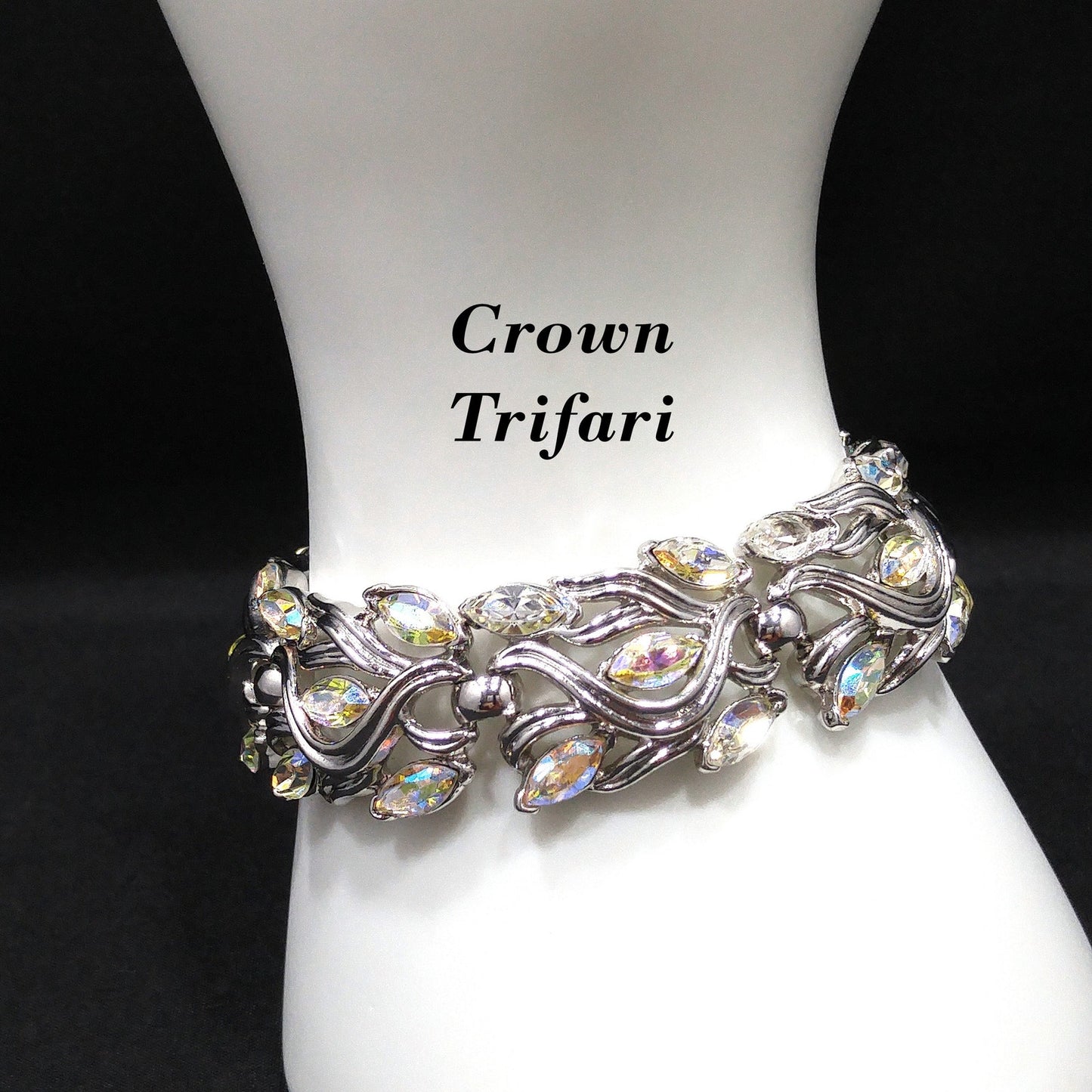 Crown Trifari Wedding Rhinestone Bracelet, Rhodium Plated, Aurora Borealis, 1960s Vintage Jewelry