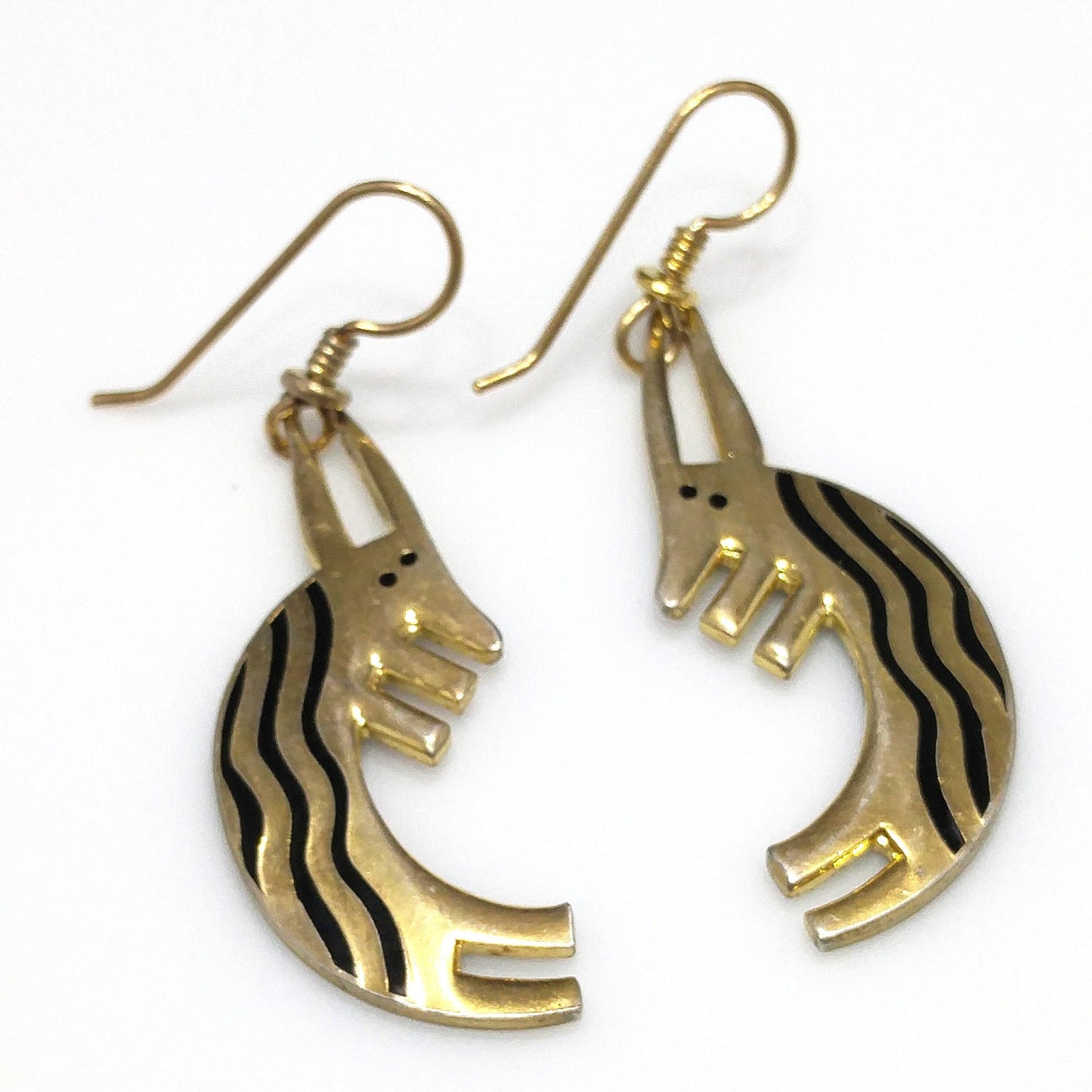 Laurel Burch "Conejo" Rabbit Dangle Earrings, Striped Black Enamel, 1980s Vintage Jewelry