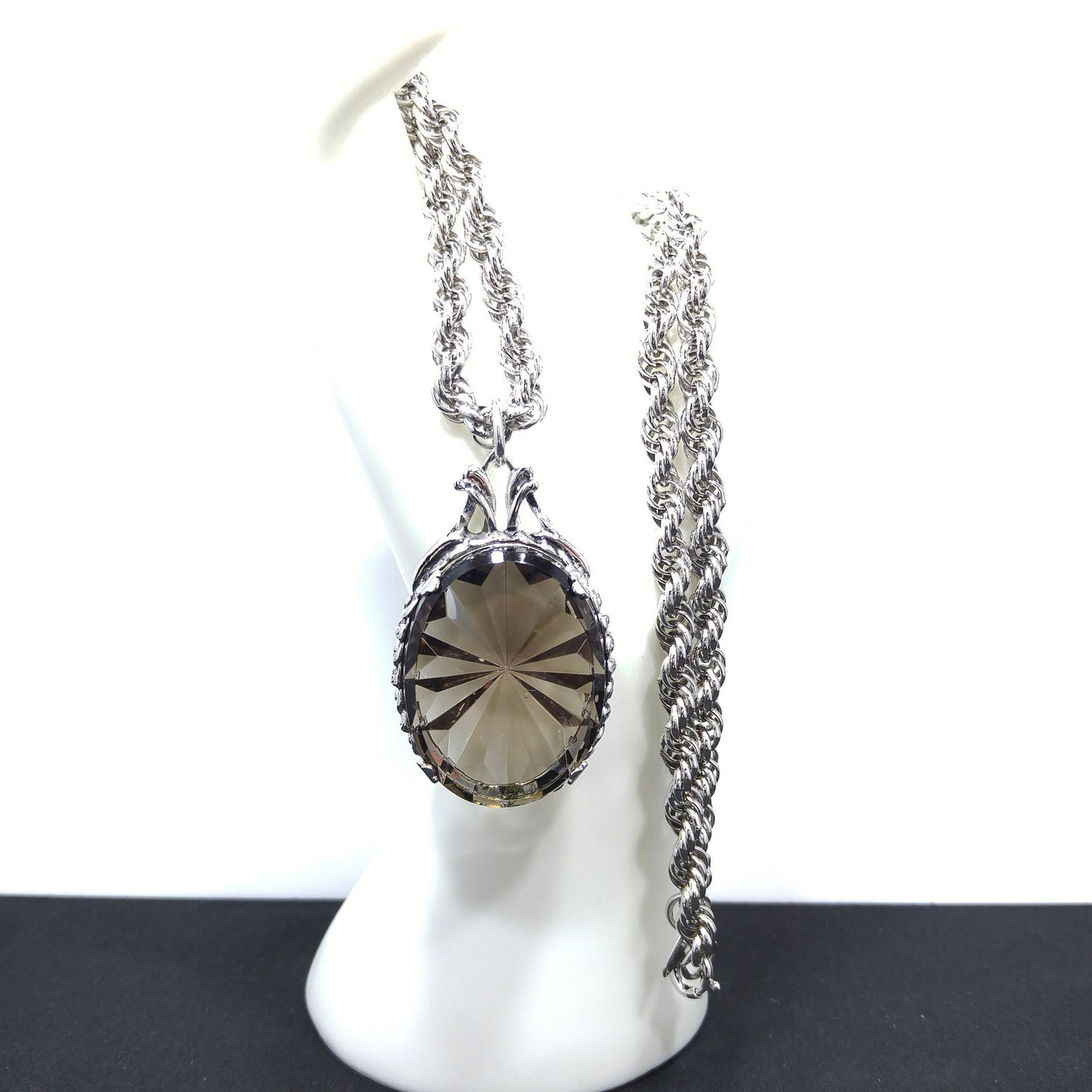 Whiting & Davis Smoky Tourmaline Faceted Pendant Necklace, Rope Chain, 1960s
