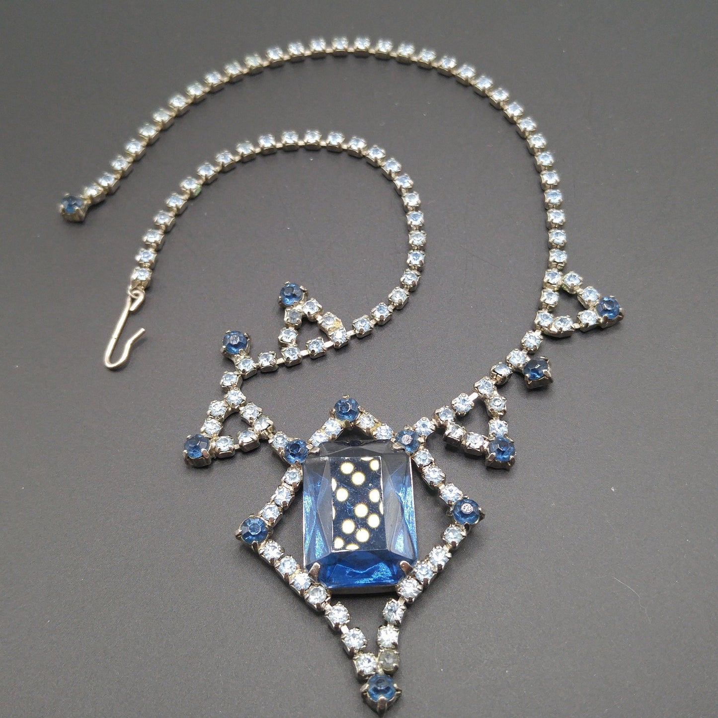 Mid-Century Blue Glass Pendant Necklace, Dark Light Blue Rhinestones, 1950s Vintage Jewelry