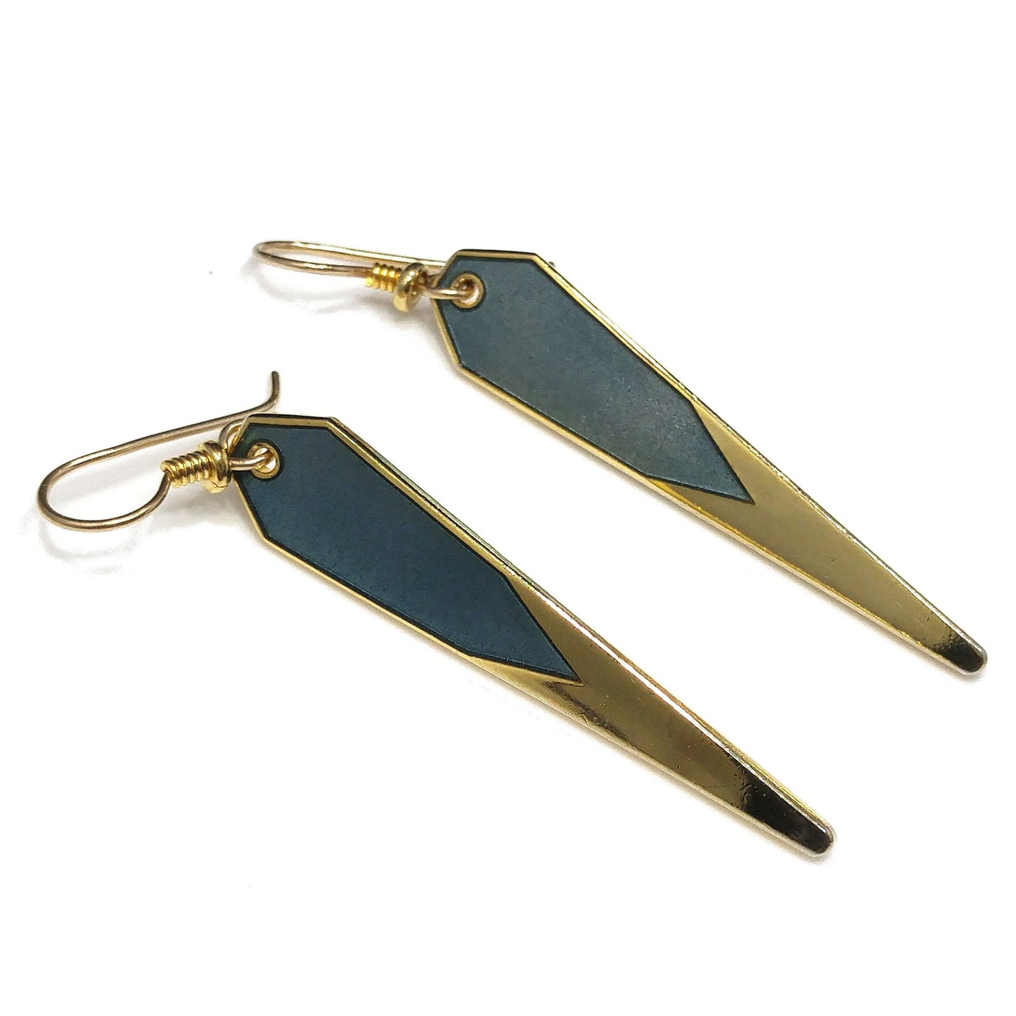 Vintage Laurel Burch Blue Metallic Long Earrings, Gold Plated