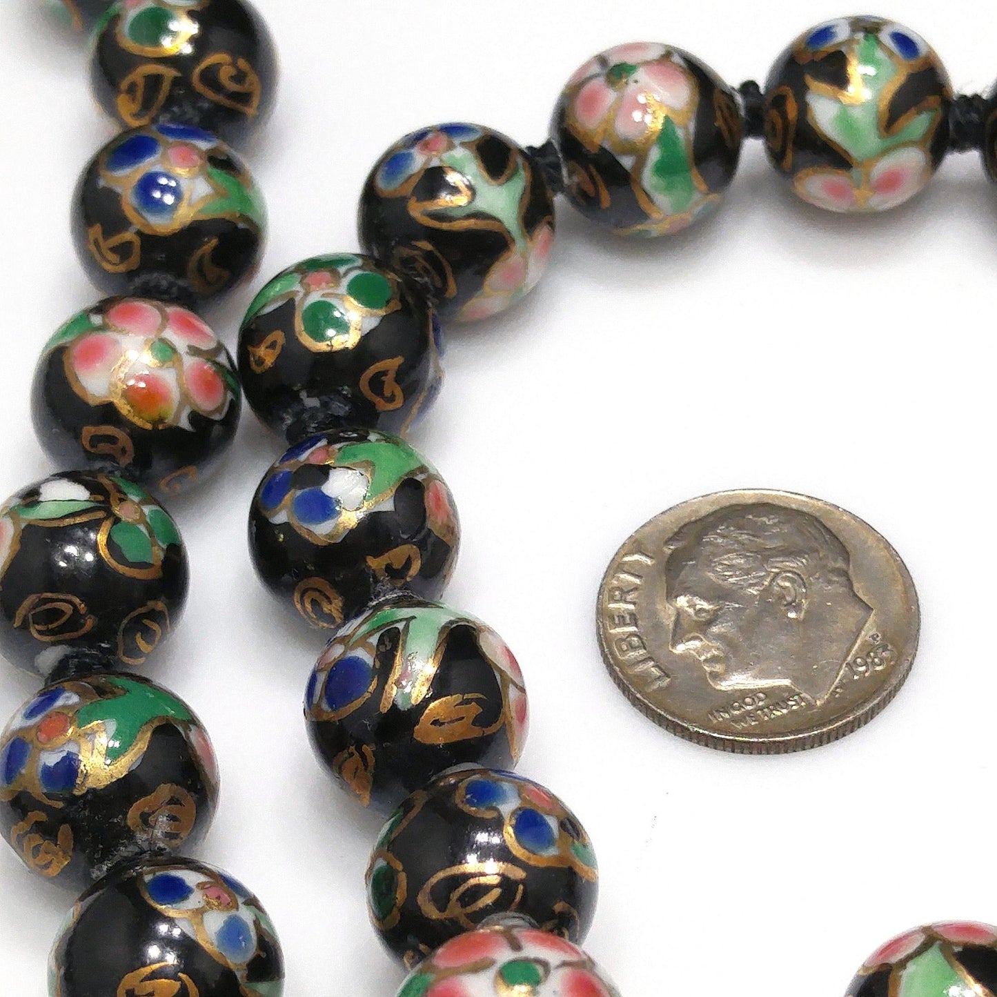 Vintage Black Cloisonné Floral Beaded Necklace, Pink Green Flowers, 1960s Vintage Jewelry