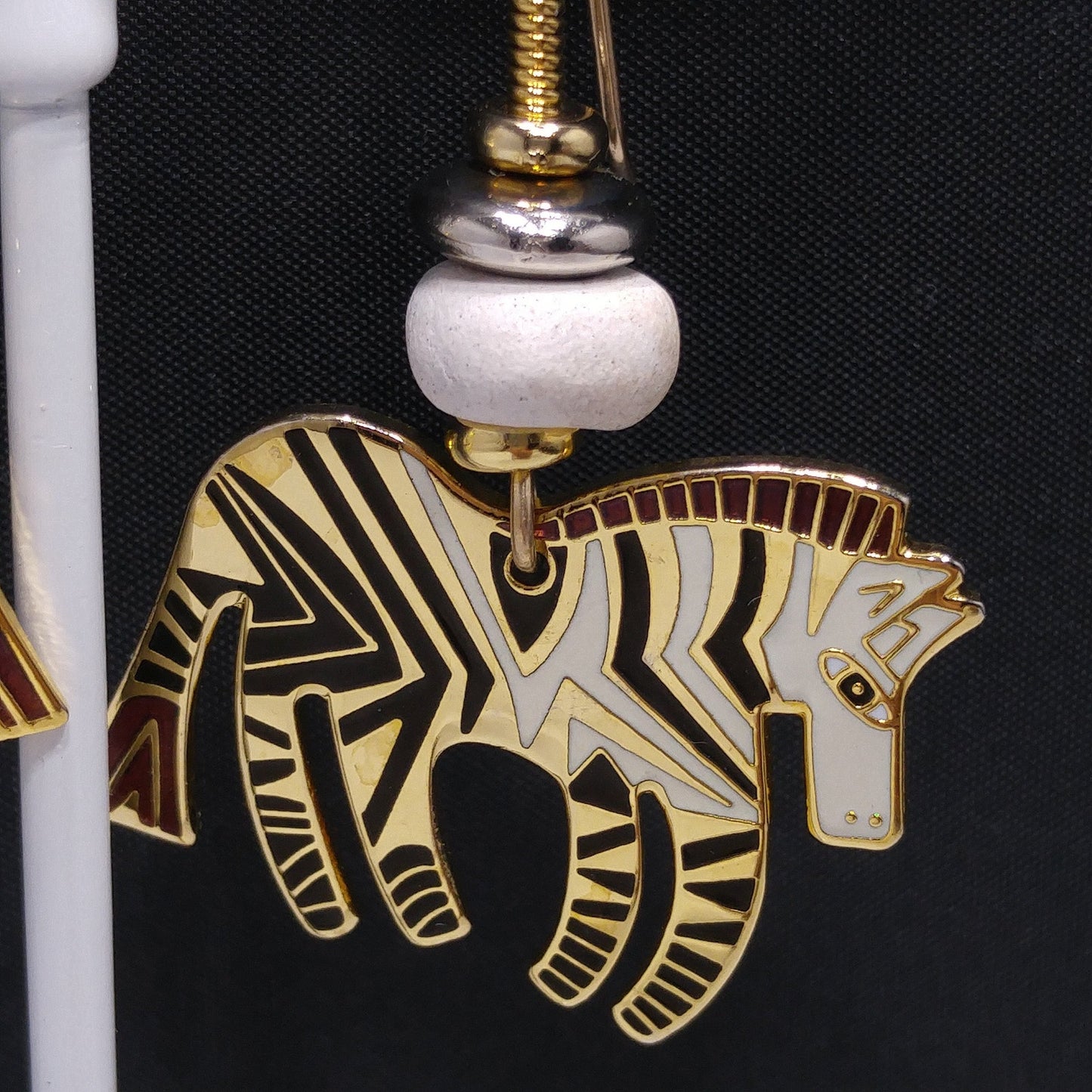 Laurel Burch "Wild Zebra" Earrings, Black White Enamel, Gold Plated, 1980s Vintage Jewelry