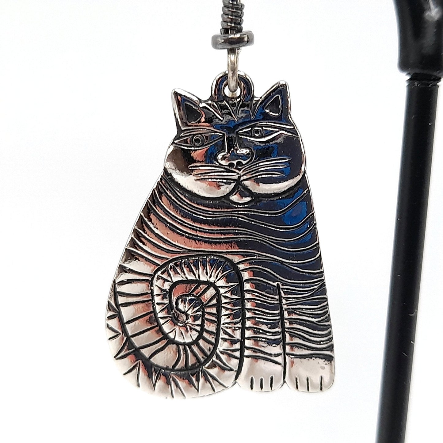 Laurel Burch Shambala Cat Earrings, Rhodium Plated, 1980s Vintage Jewelry