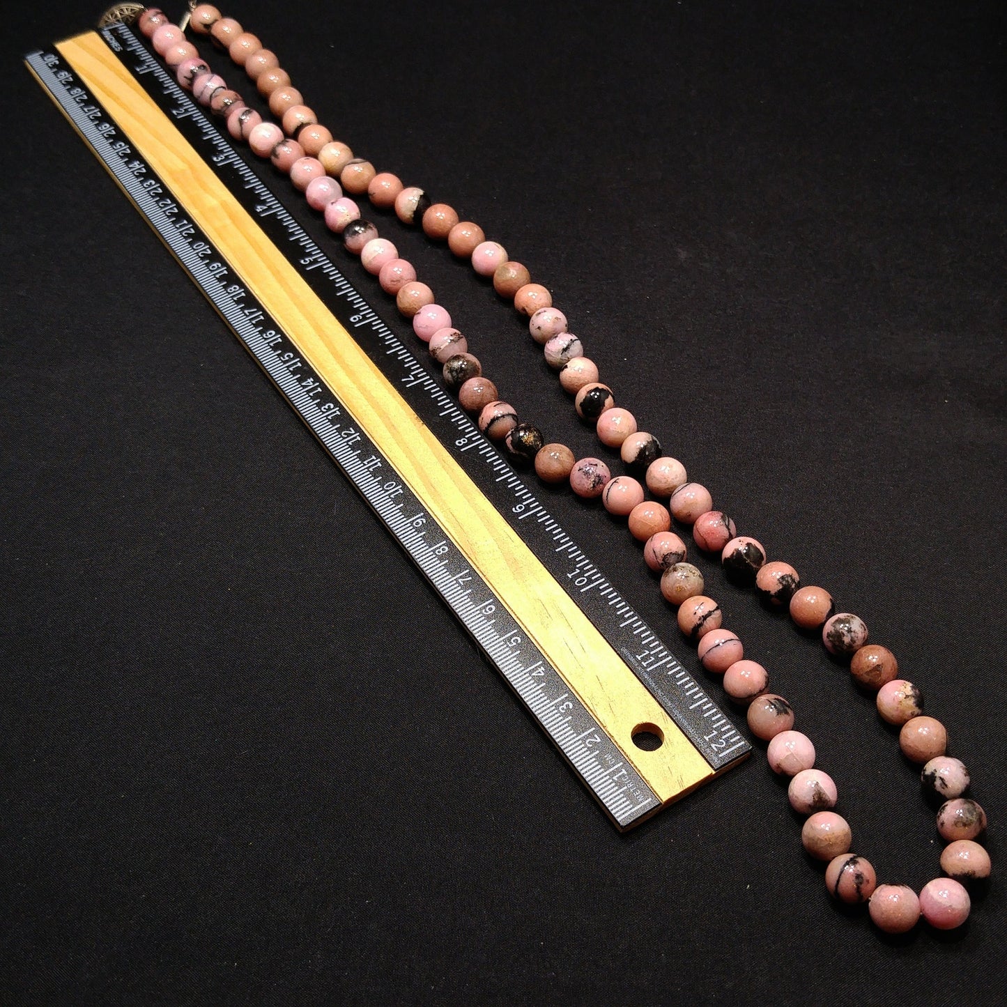 Pink Black Gemstone Beaded Necklace, Rhodonite 10mm Beads, 1970s Vintage Jewelry
