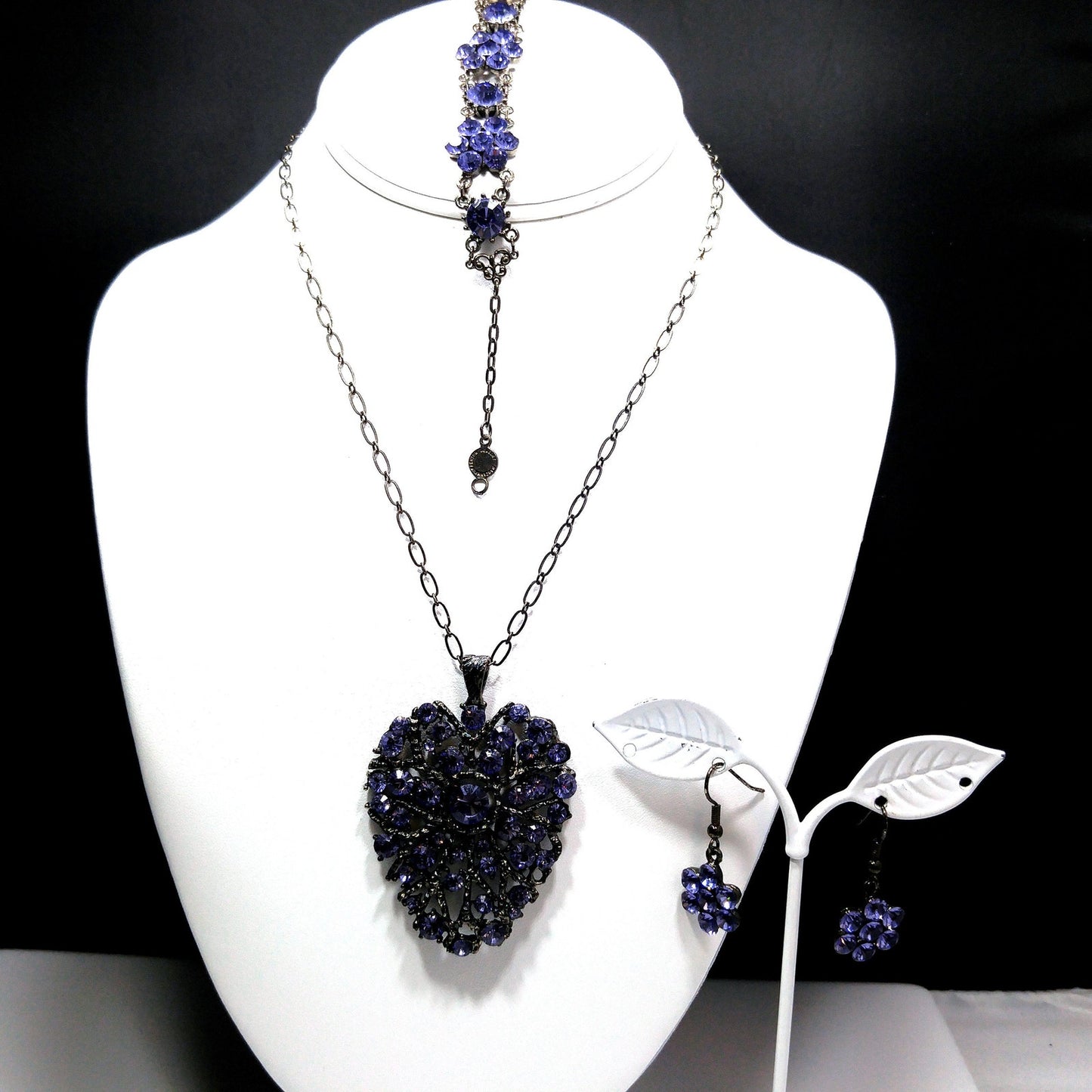 Austrian Crystal Lavender Necklace Bracelet Earrings Set, Ear Wire Earrings, Vintage Jewelry