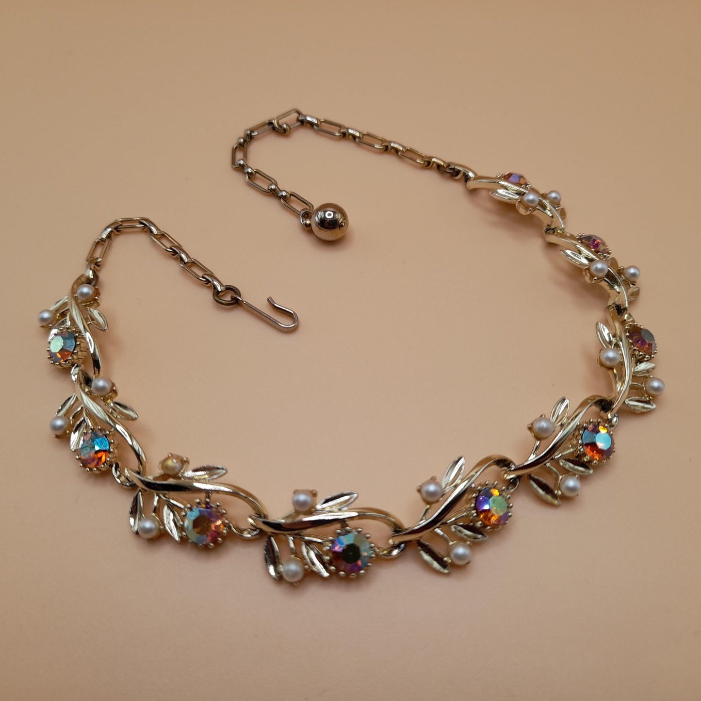 Vintage Light Topaz Rhinestone Choker Necklace, Faux Pearls, 1950s, 15 In