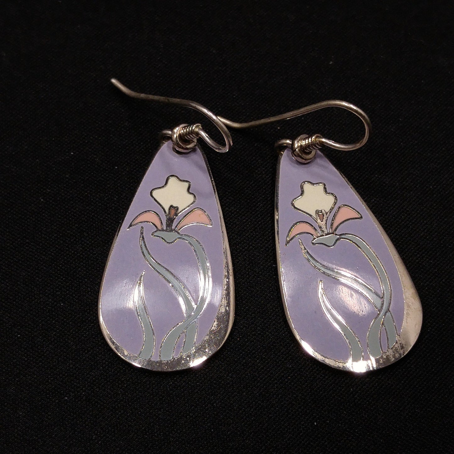 Laurel Burch "Wild Iris" Cloisonne Earrings, Lavender Enamel, White & Pink Flower, Rhodium Plate, 1980s Vintage Jewelry