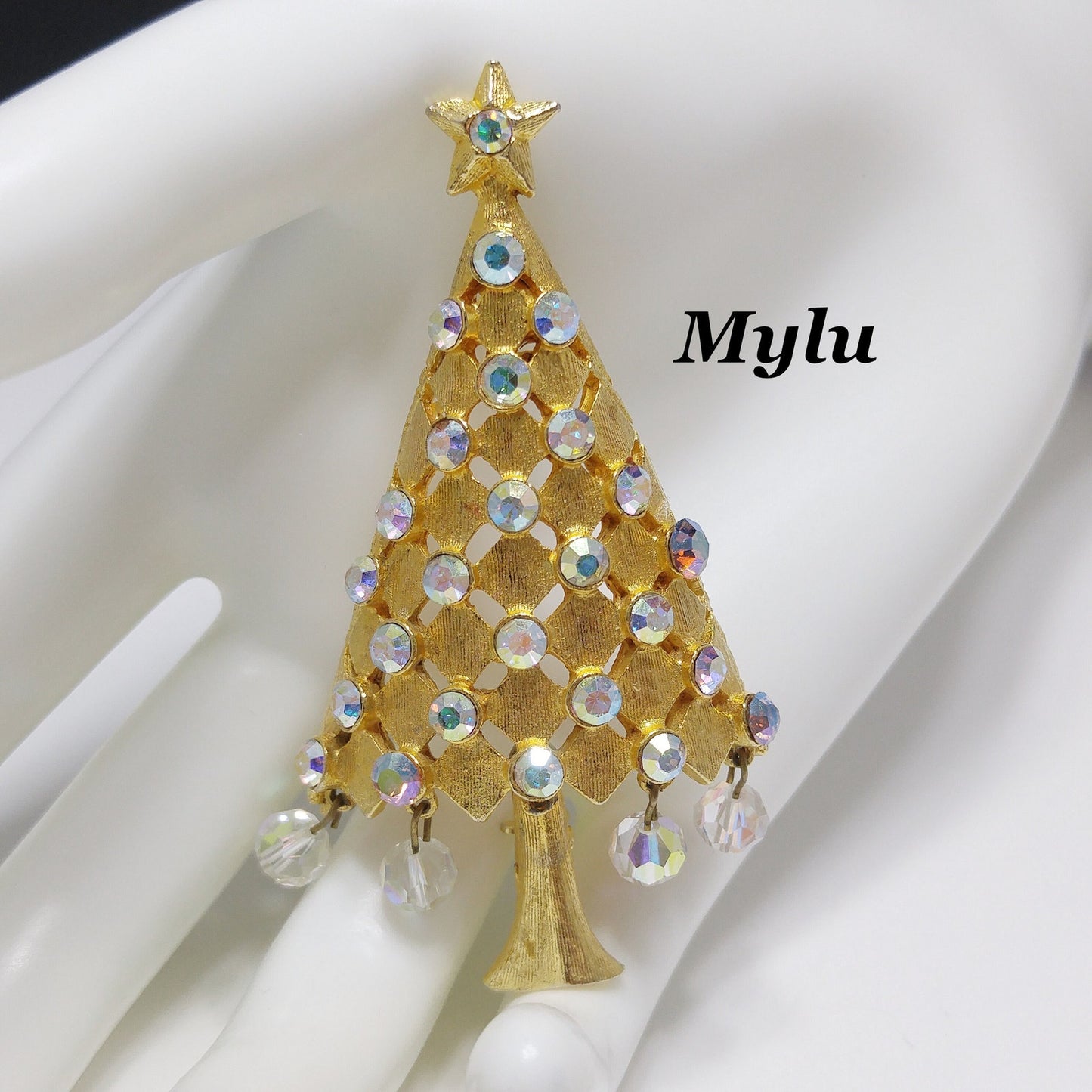 Vintage MYLU Christmas Tree Brooch – AB Rhinestones, Dangling Crystals, 1960s