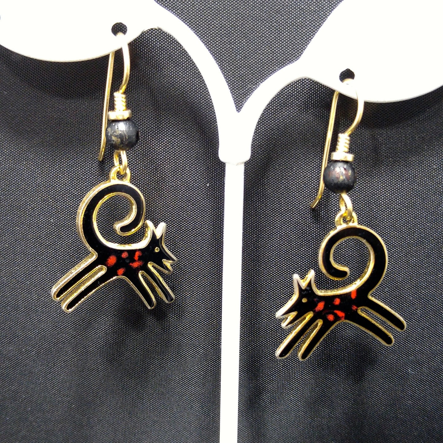 Vintage Laurel Burch Black Dog Earrings, Gold Plated, Cloisonne Enamel