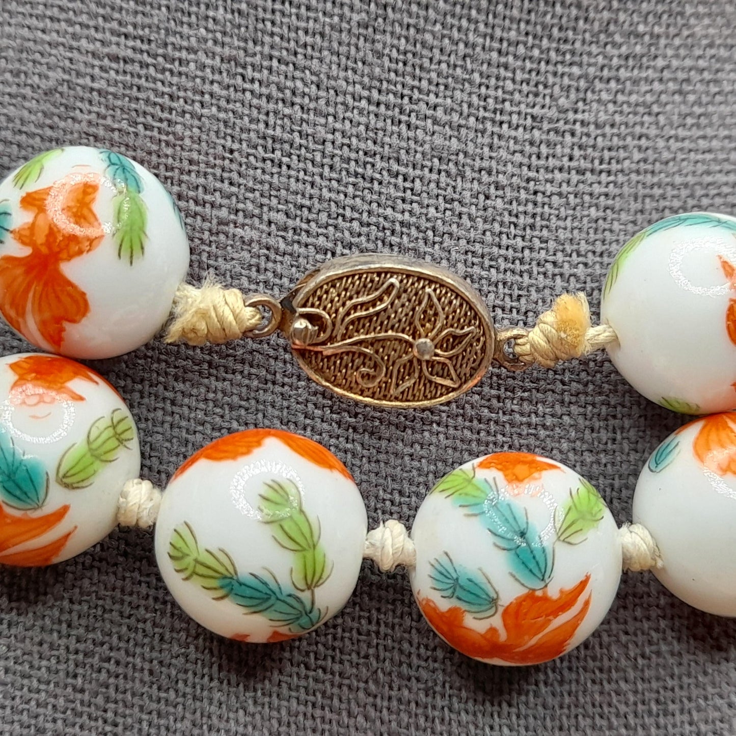 Hand Painted Koi Fish Bead Necklace, Ceramic Hand Knotted Vintage