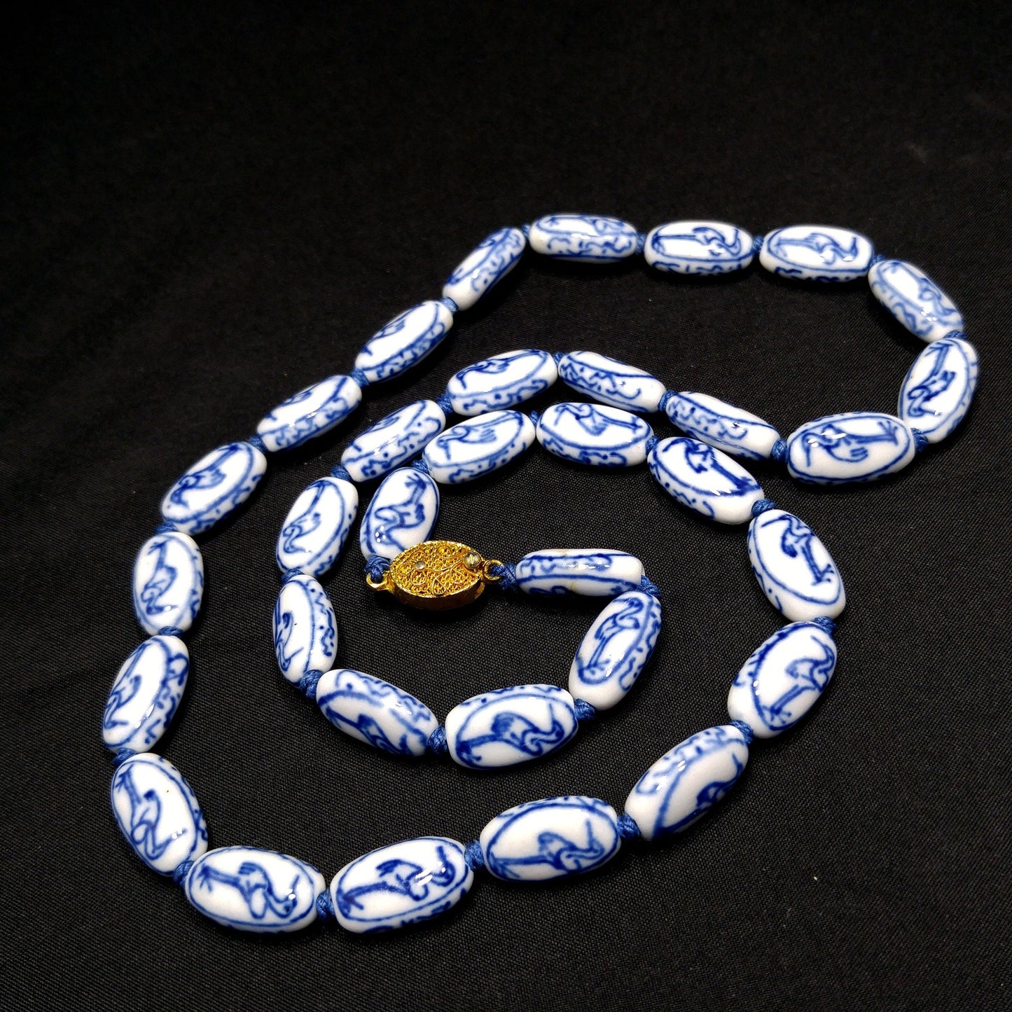 Hand Painted Blue Heron Birds Beaded Necklace, 1950s Vintage