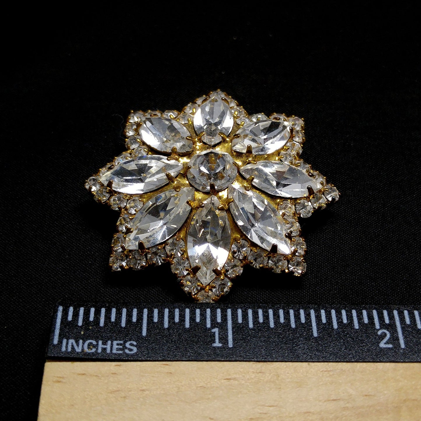 Eisenberg Ice Clear Rhinestone Flower Brooch, Gold Plated, 1960s Vintage Jewelry
