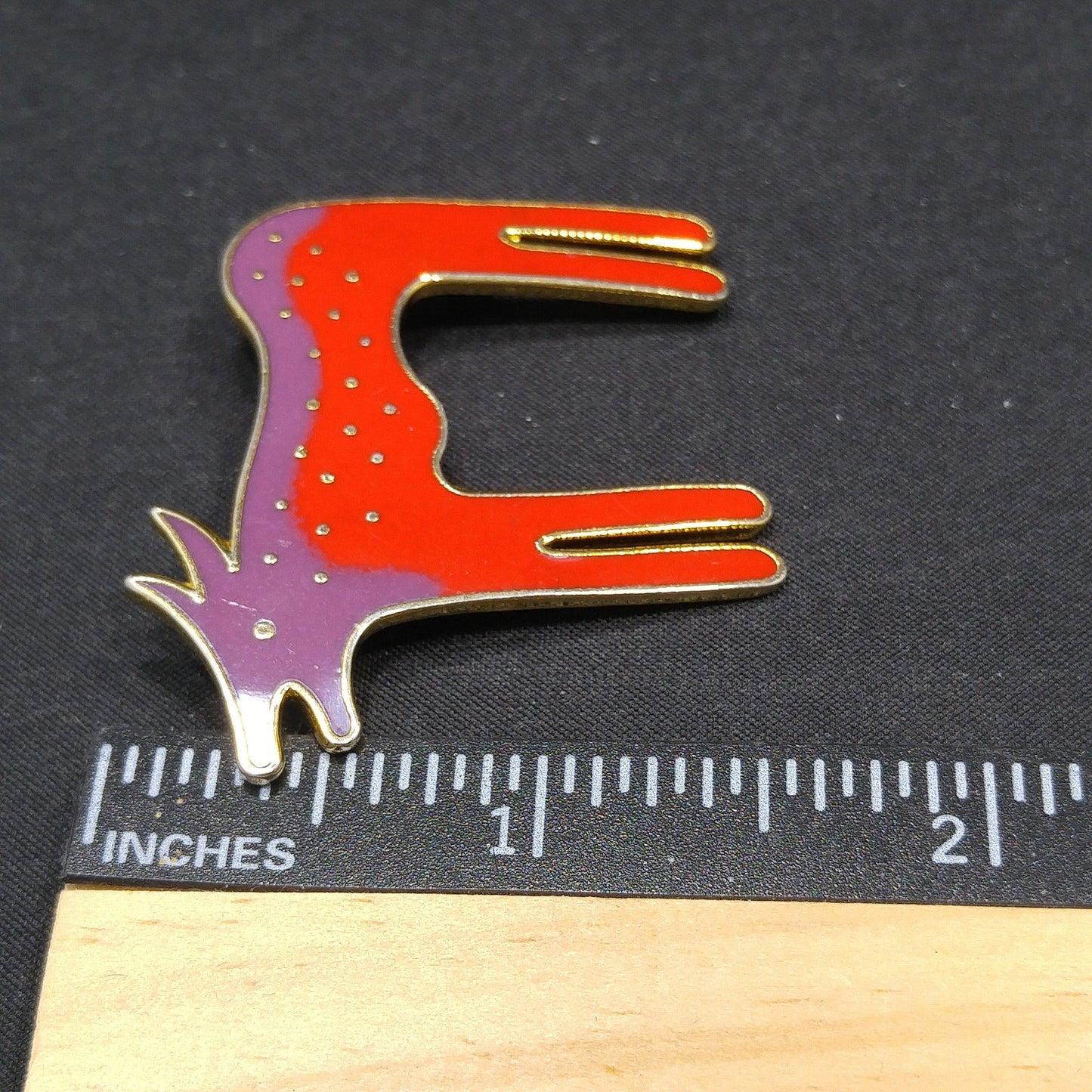 Laurel Burch "Wild Dog" Purple & Red Enamel Brooch, Cloisonne Gold Plated, 1980s