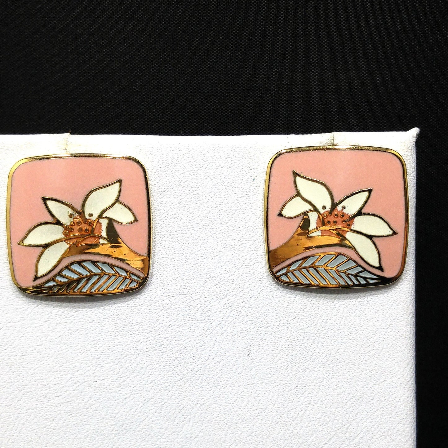 Vintage Laurel Burch "Wild Lily" Pink Post Earrings, Cloisonne Gold Plated