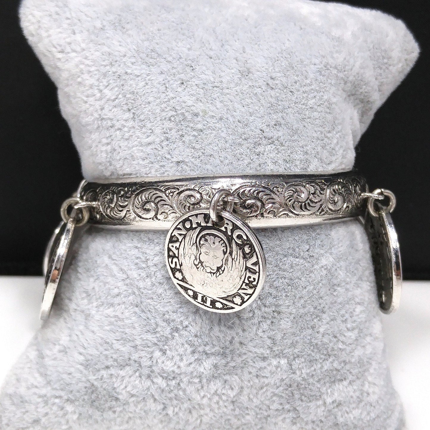 Whiting & Davis Hinged Bracelet, Six Faux Coins, Book Piece, 1980s Vintage Jewelry