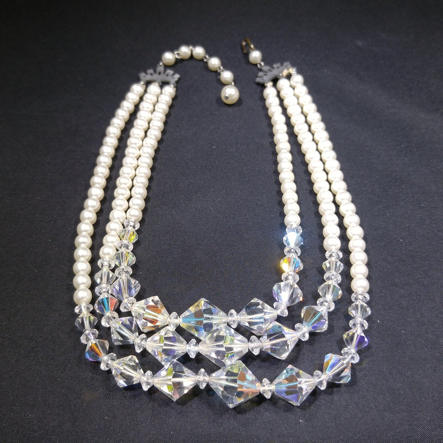 Faux Pearl AB Crystal Beaded Necklace, 3 Strands, 1950s Vintage Jewelry