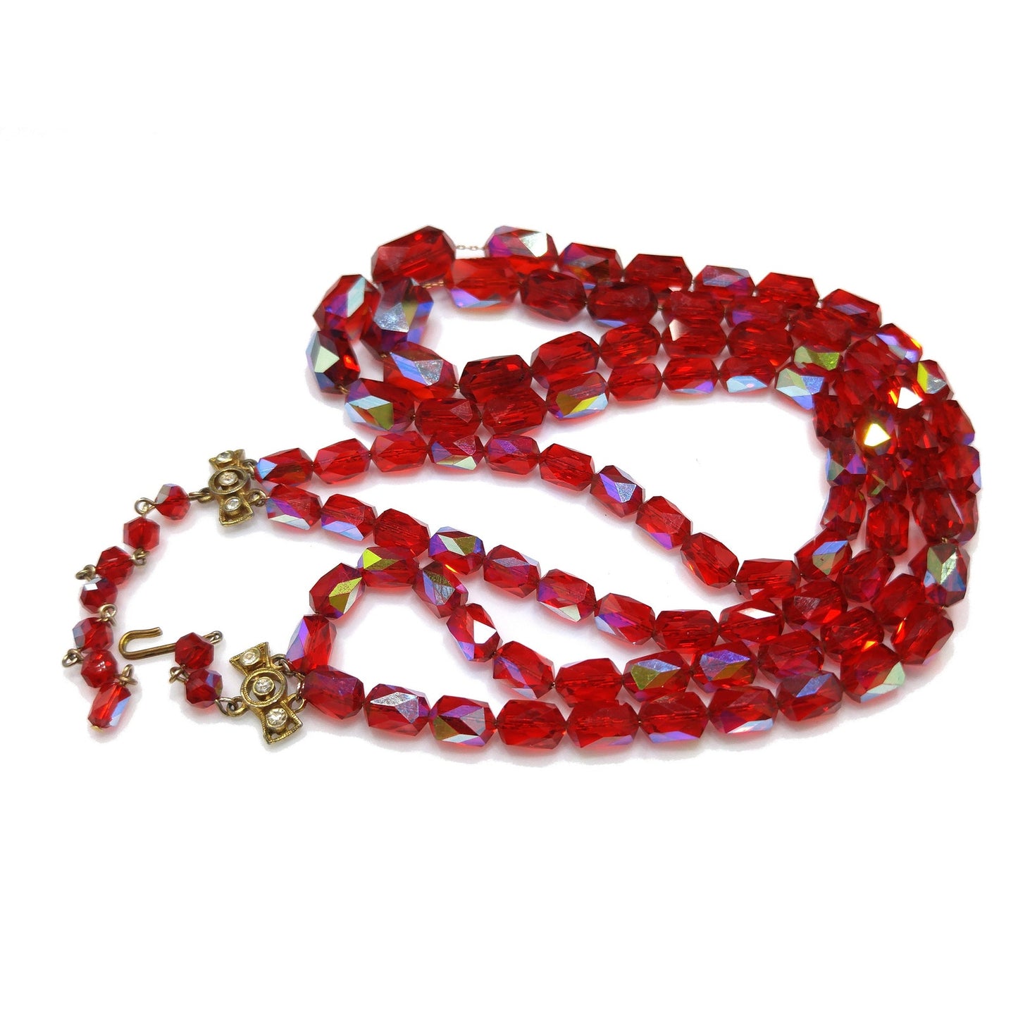 Red Aurora Borealis Graduated Beaded Two Strand Necklace on Chain, 1970s Vintage Jewelry