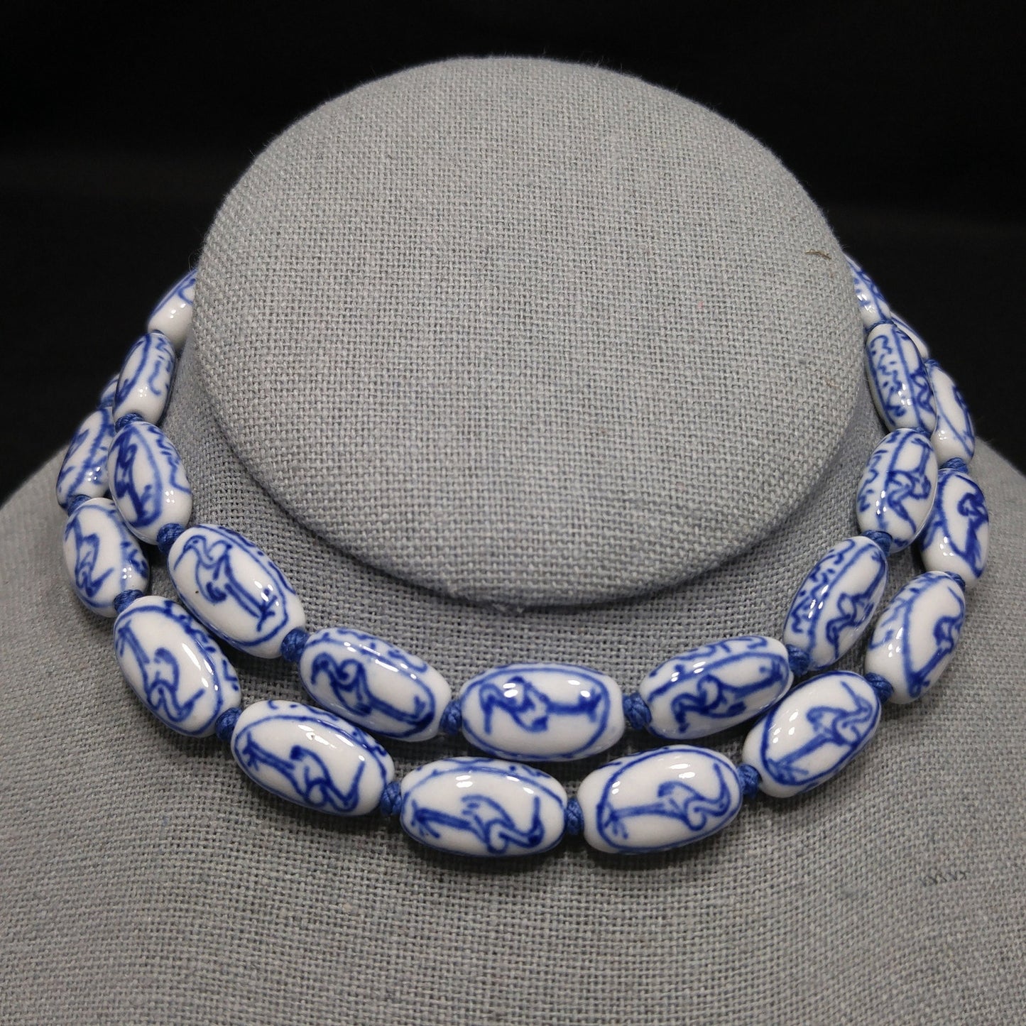Hand Painted Blue Heron Birds Beaded Necklace, 1950s Vintage
