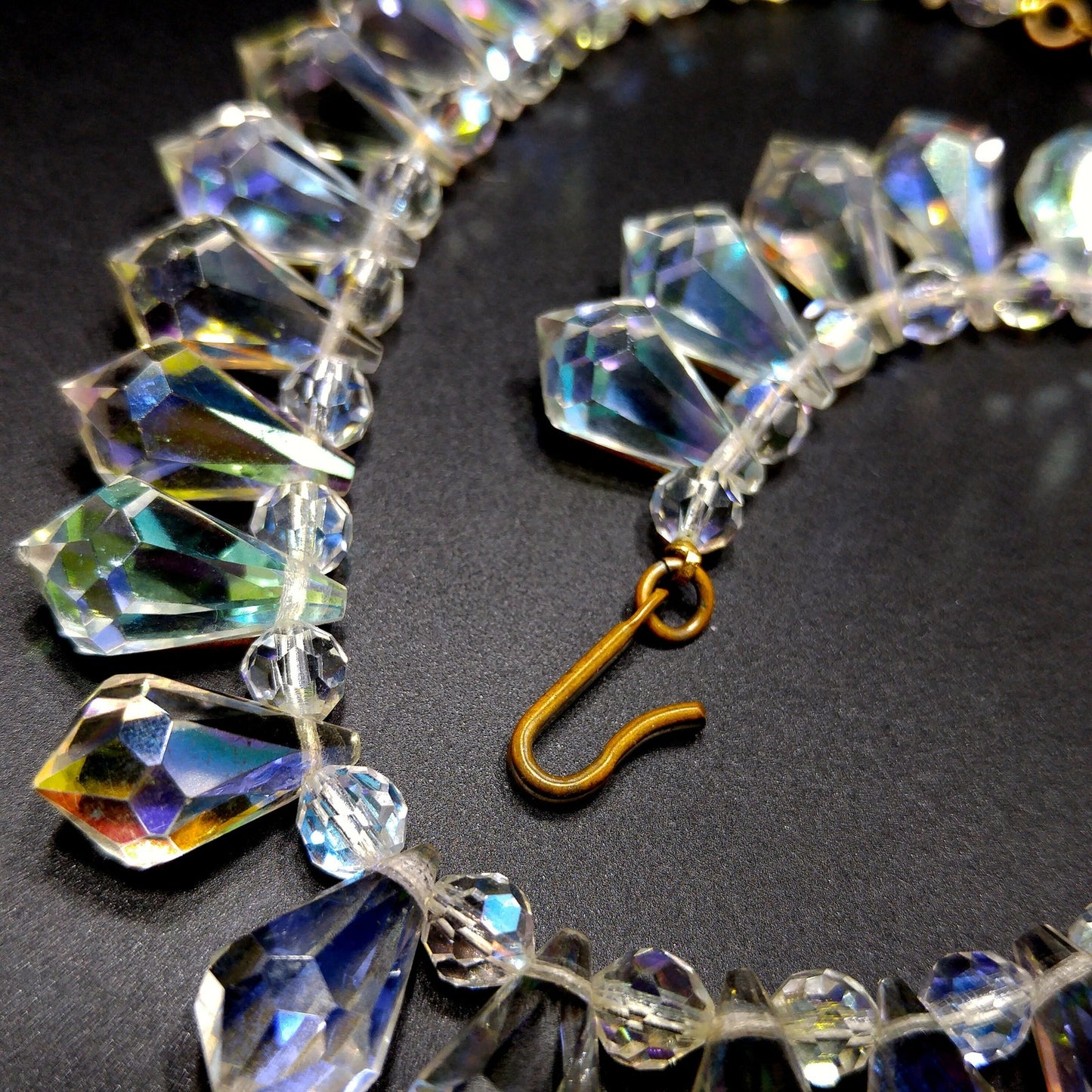 Mid-Century Crystal Teardrop Dangling Necklace, 18mm AB Crystals, 1950s Vintage Jewelry