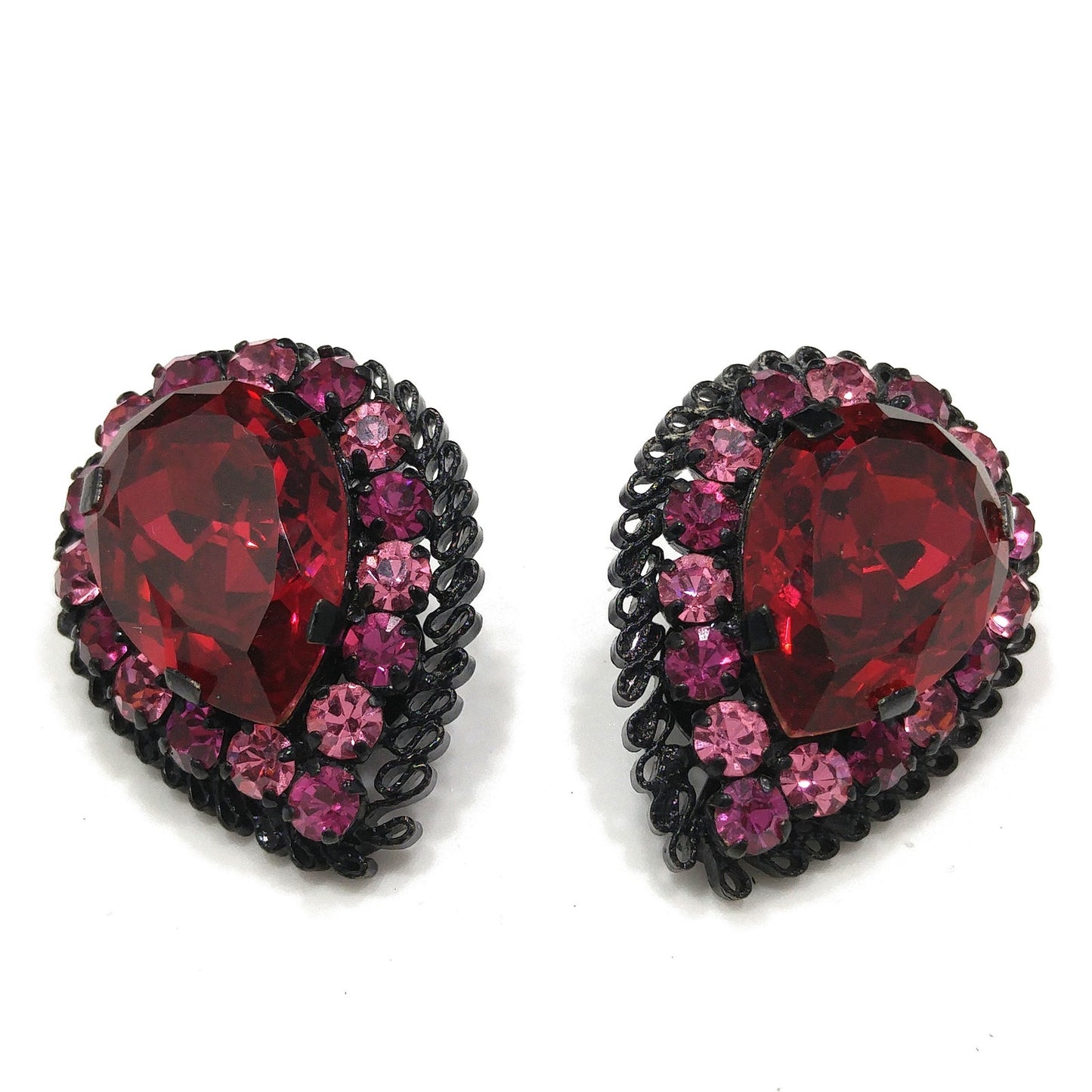 Made in Austria Red Pink Rhinestone Earrings, Japanned Black Metal, 1960s Vintage