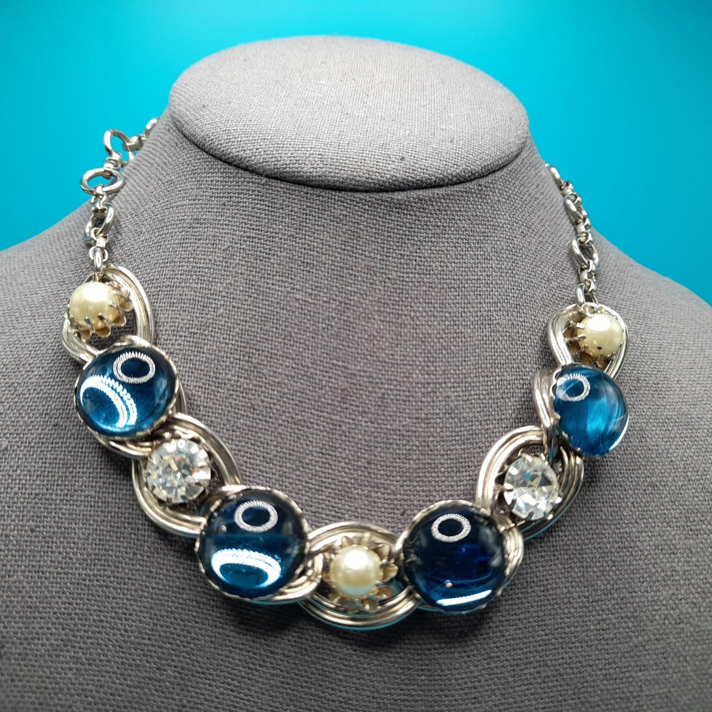 Vintage Blue Cabochon Choker Necklace, Faux Pearls, Clear Rhinestones, 1950s Vintage Jewelry