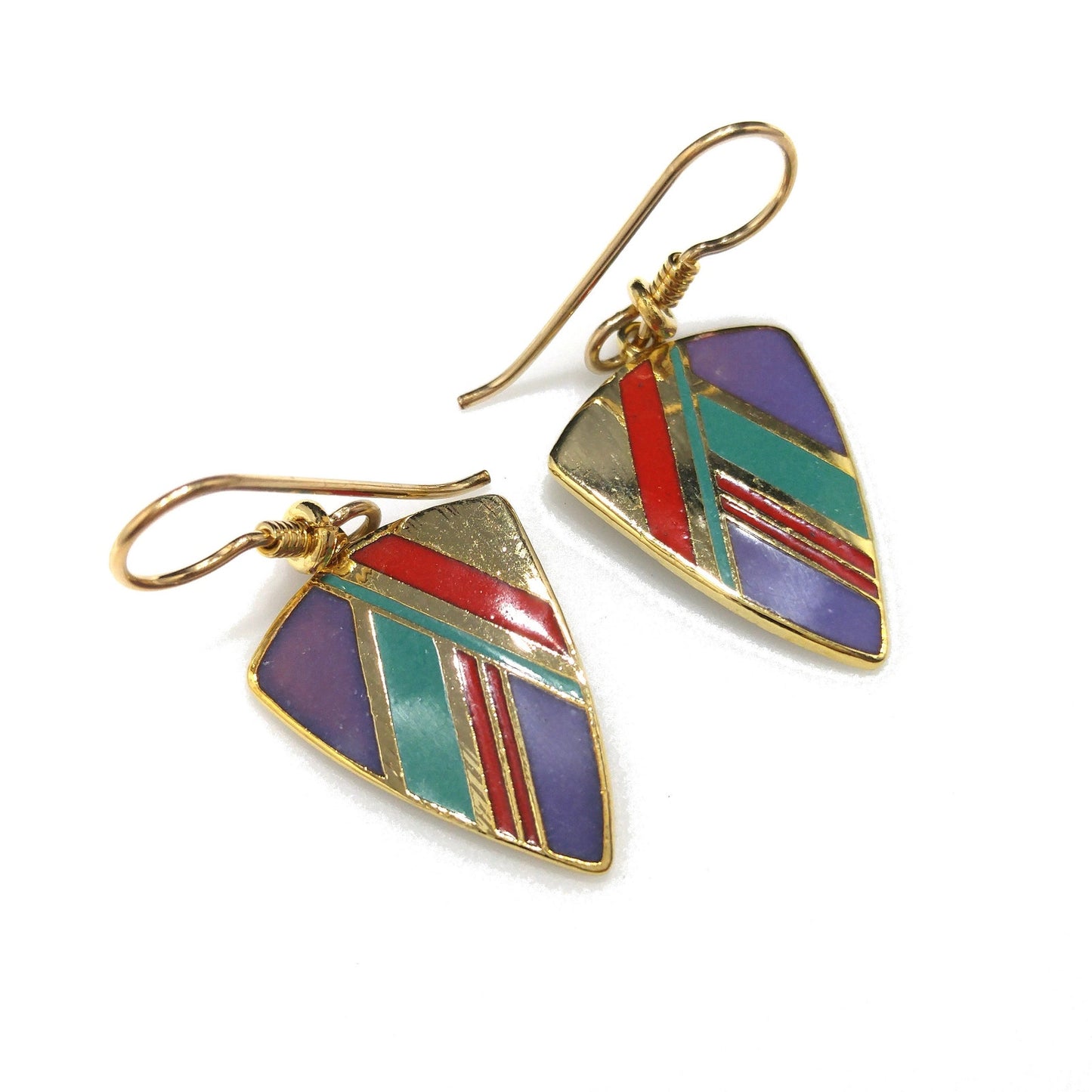 Vintage Laurel Burch Gold Plated Dangle Earrings, Enamel Teal Purple Red