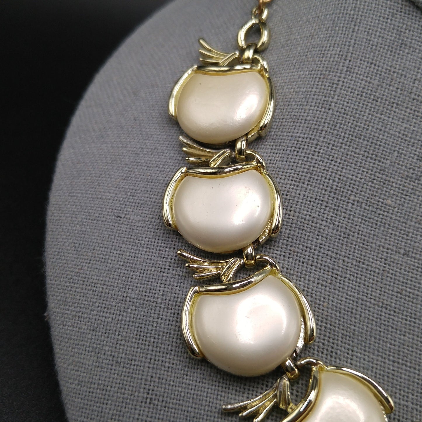 Creamy White Pearled Link Choker Necklace, Mid-Century, Gold Tone, 1950s Vintage Jewelry