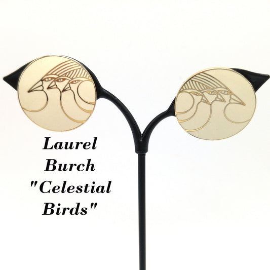 Vintage Laurel Burch "Celestial Birds" Clip Earrings, Gold Plated