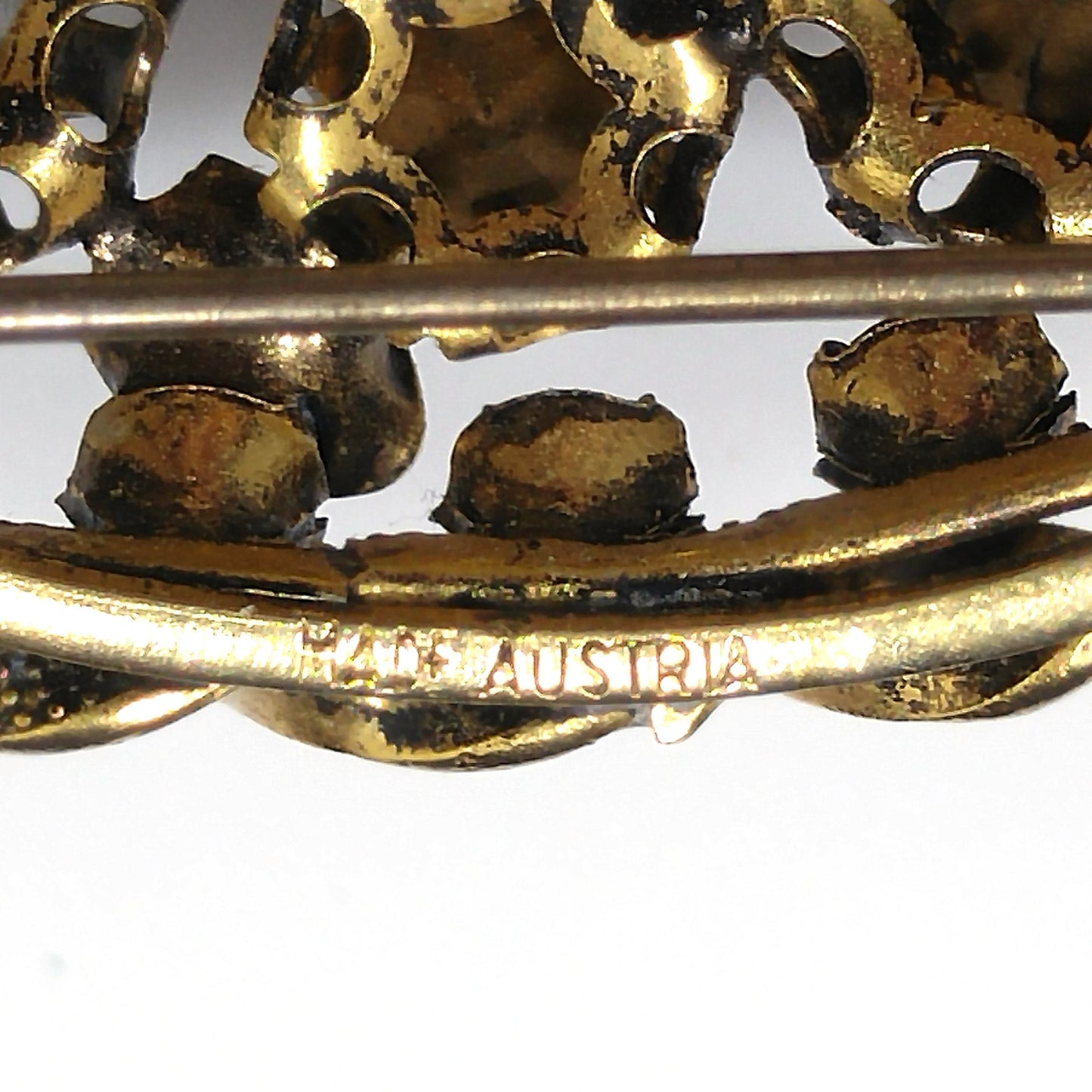 Austria Red Orange Rhinestone Gold Plated Brooch, Metallic Art Glass, 1950s Vintage Jewelry
