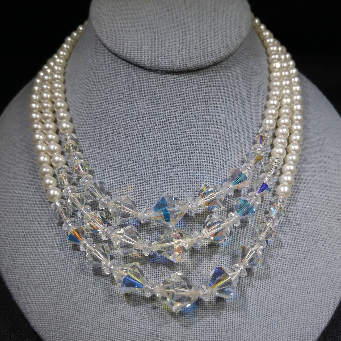 Faux Pearl AB Crystal Beaded Necklace, 3 Strands, 1950s Vintage Jewelry