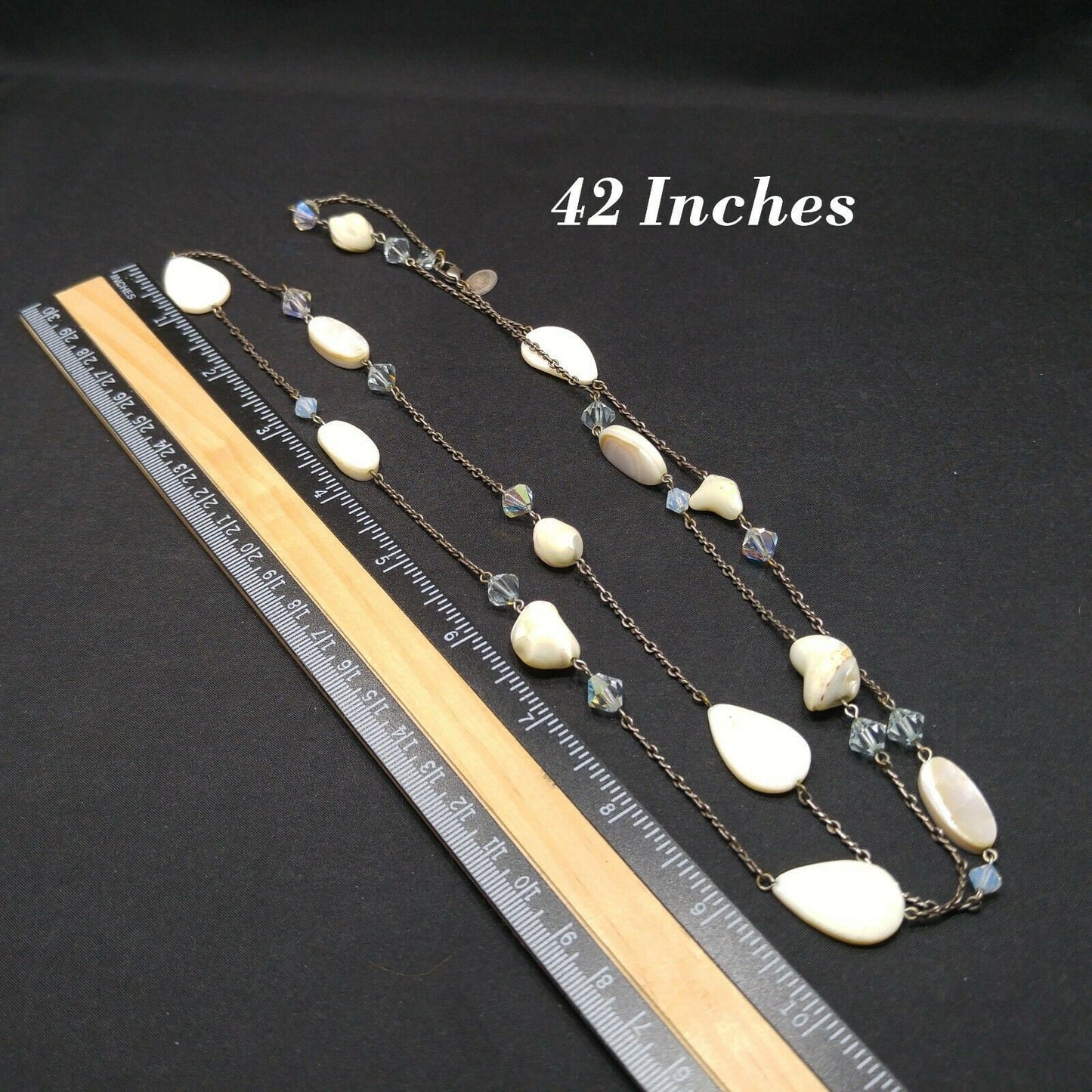 Liz Palacios S.F. White Shell & Crystal Long Necklace, 42 Inch Layering Necklace, Vintage Jewelry