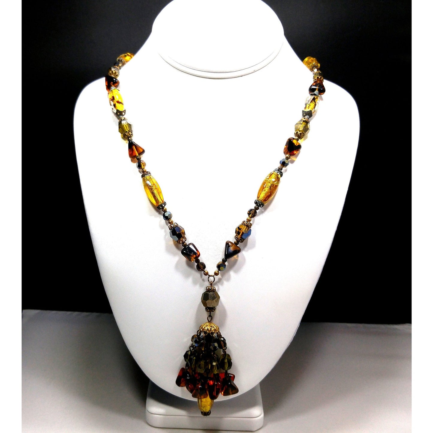 Gold Foil Art Glass Autumn Beaded Necklace, Multi-strand Tassel, 1970s Vintage Jewelry