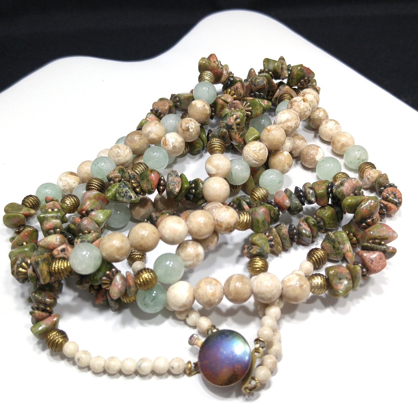 Gemstone Two Strand Beaded Necklace, Jade, Rhyolite and Quartz, 1980s Vintage Jewelry