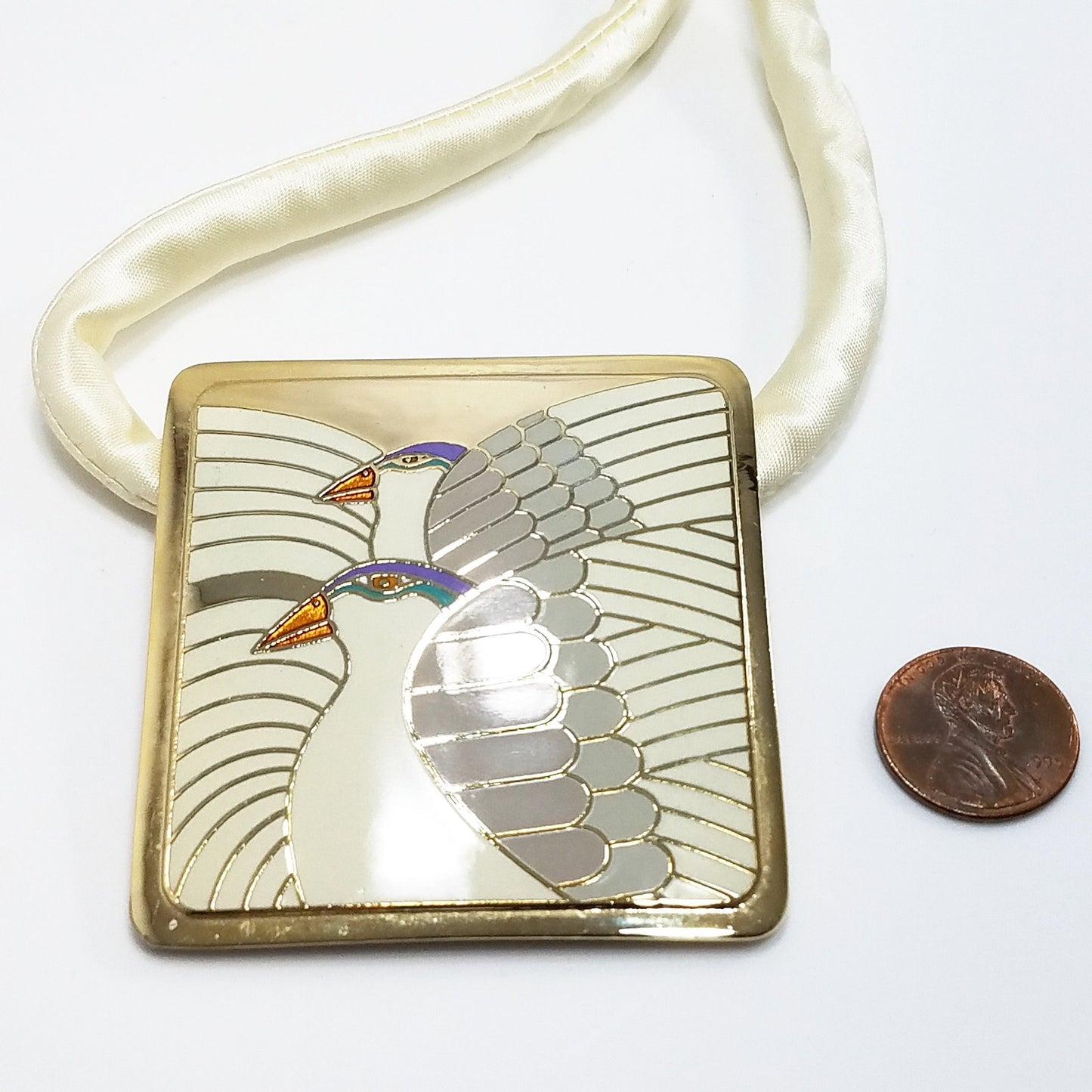Vintage Laurel Burch "Moon Doves" Pendant Necklace, Gold Plated Cloisonne