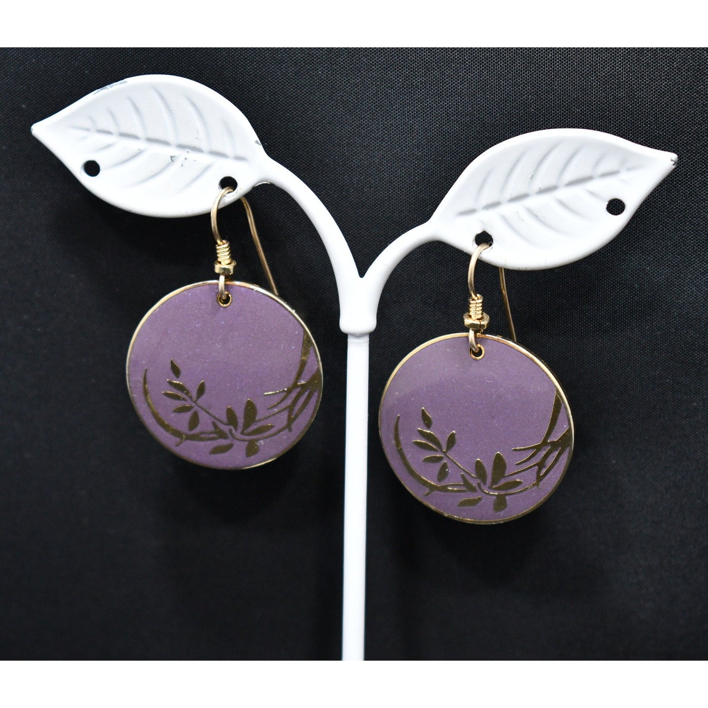 Vintage Laurel Burch Floral Gold Plated Earrings, Purple Enamel