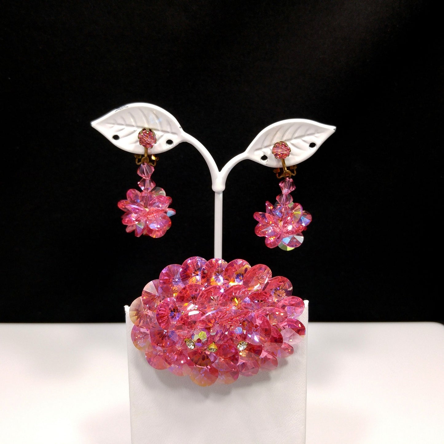 Pink Flat Crystal Brooch & Earrings, Aurora Borealis, 1960s Vintage Jewelry