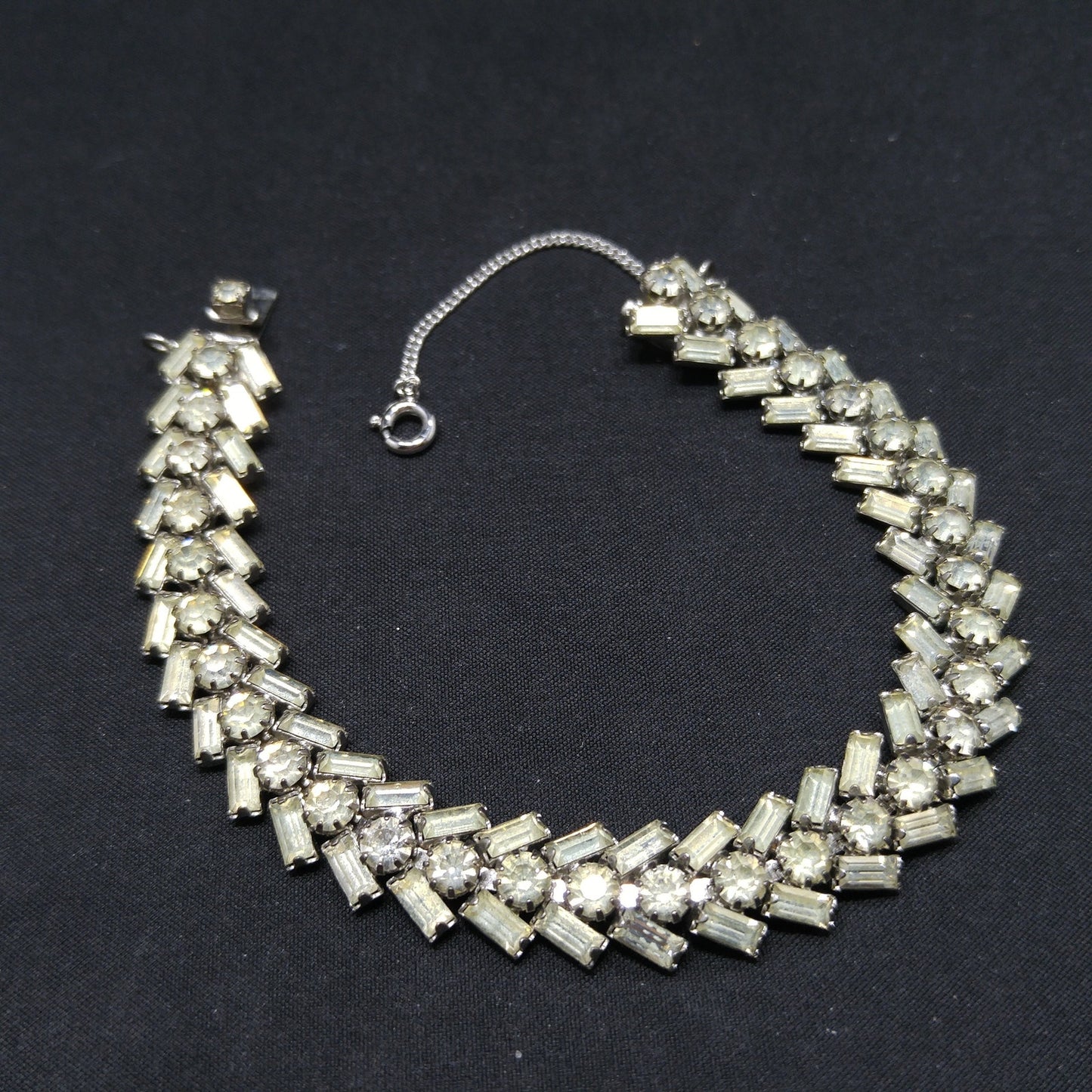 Weiss Clear Rhinestone Bracelet, Rhodium Plating, Safety Chain, 1940s Weiss