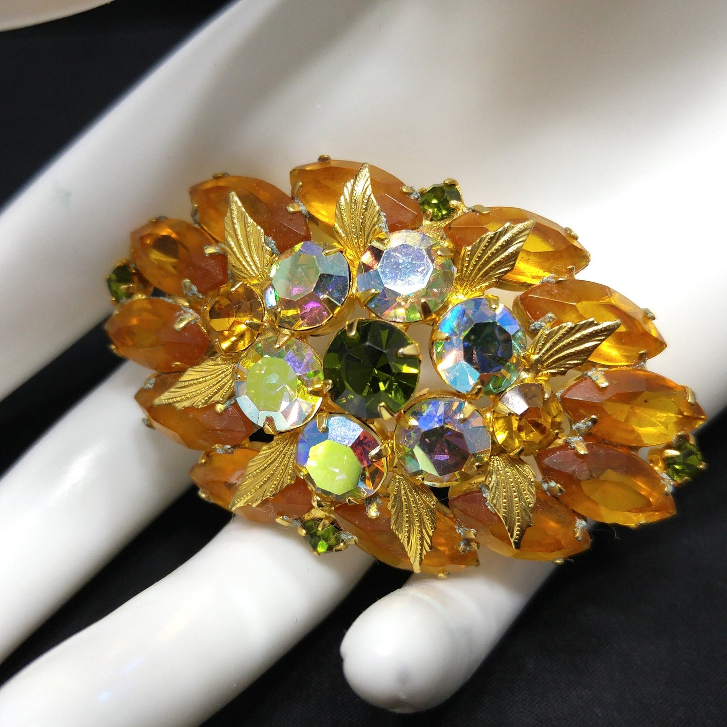 Light Topaz Green Rhinestone Brooch Earrings Set, Gold Plated, 1960s Vintage Jewelry