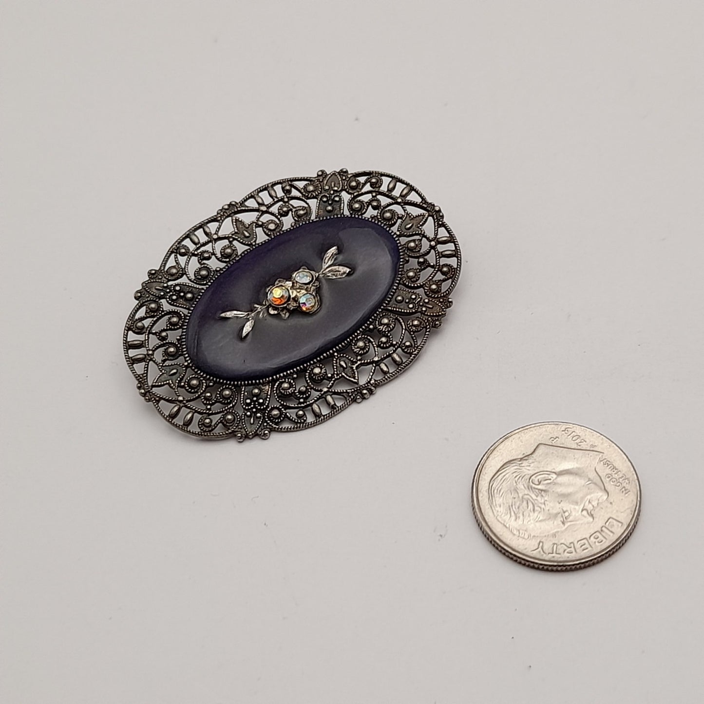 Vintage Catherine Popesco Art Deco Black Enamel AB Rhinestones Brooch